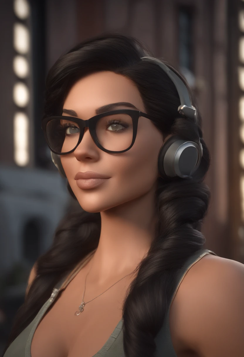 Personagem de desenho animado de uma mulher gordinha com cabelo castanho, usando um coque no cabelo, segurando um microfone, wearing black glasses, uma jaqueta preta, uma camisa cinza, um personagem animado, Caractere estilizado, animation style rendering, 3d estilizado, Arnold Maya render , 3d stylized rendering, toon render keyshot, Personagem 3D, Personagem 3D, stylized 3d rendering, 3D character rendering, personagem de desenho animado, closeup character, Pose do personagem, (Estilo Pixar) (master part:1.2) (Bokeh) (melhor qualidade) (pele detalhada) (textura detalhada) (8k) (argila) (Cinematic lighting) (foco nítido,Senta-se e vaza parte superior do corpo