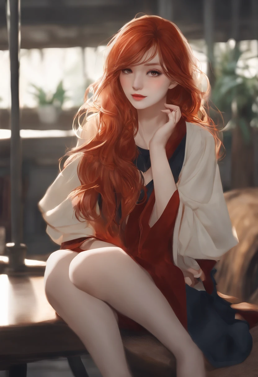 A woman with red hair sitting on a table with a purse - SeaArt AI