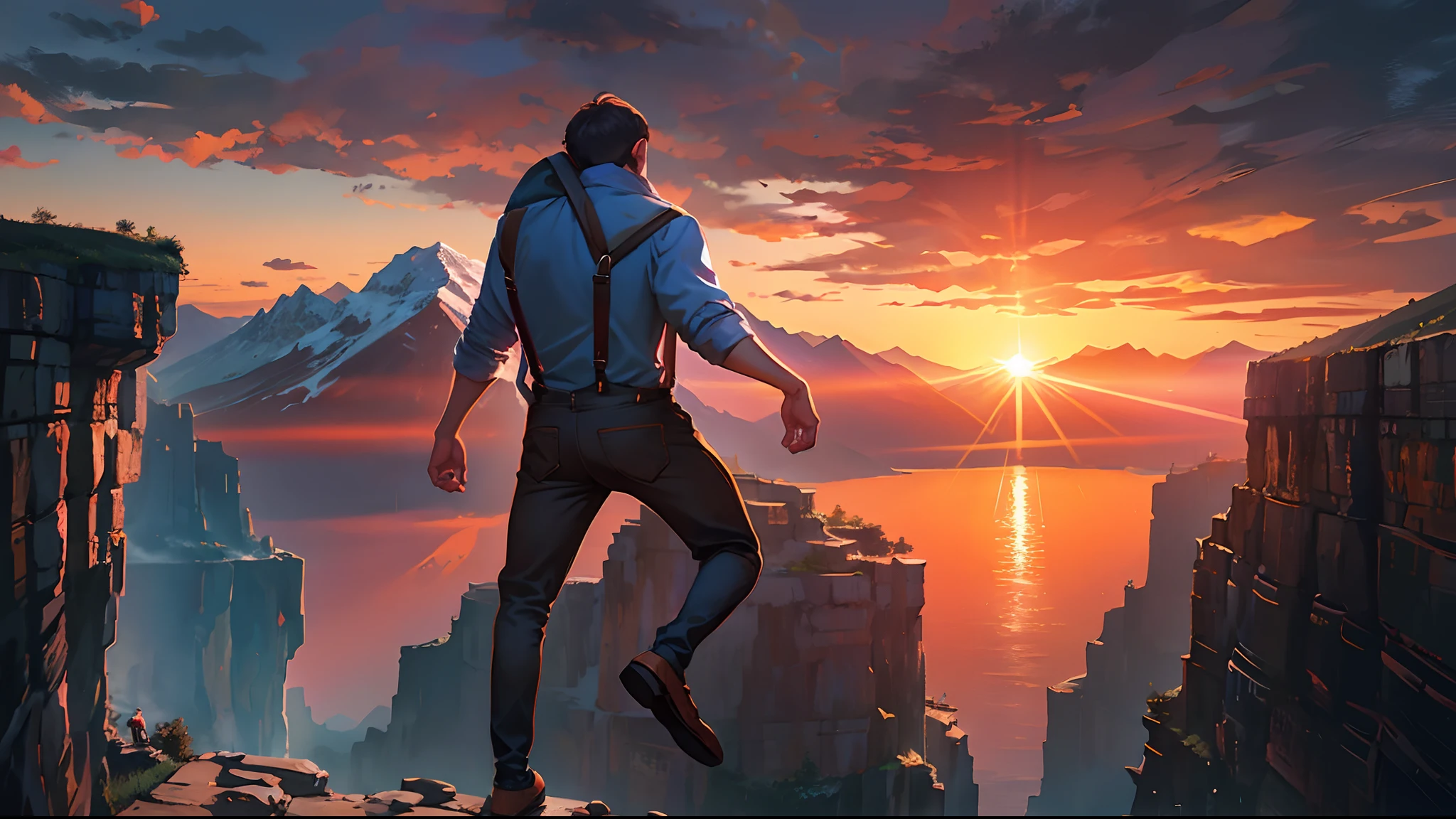 the sunset,eventide,Big Mountain,Medium short hair,Suspenders,Put your feet on the ground,,Iron Mountain Back,Behind the man is a cliff,The photo looks up at a man at 45 degrees