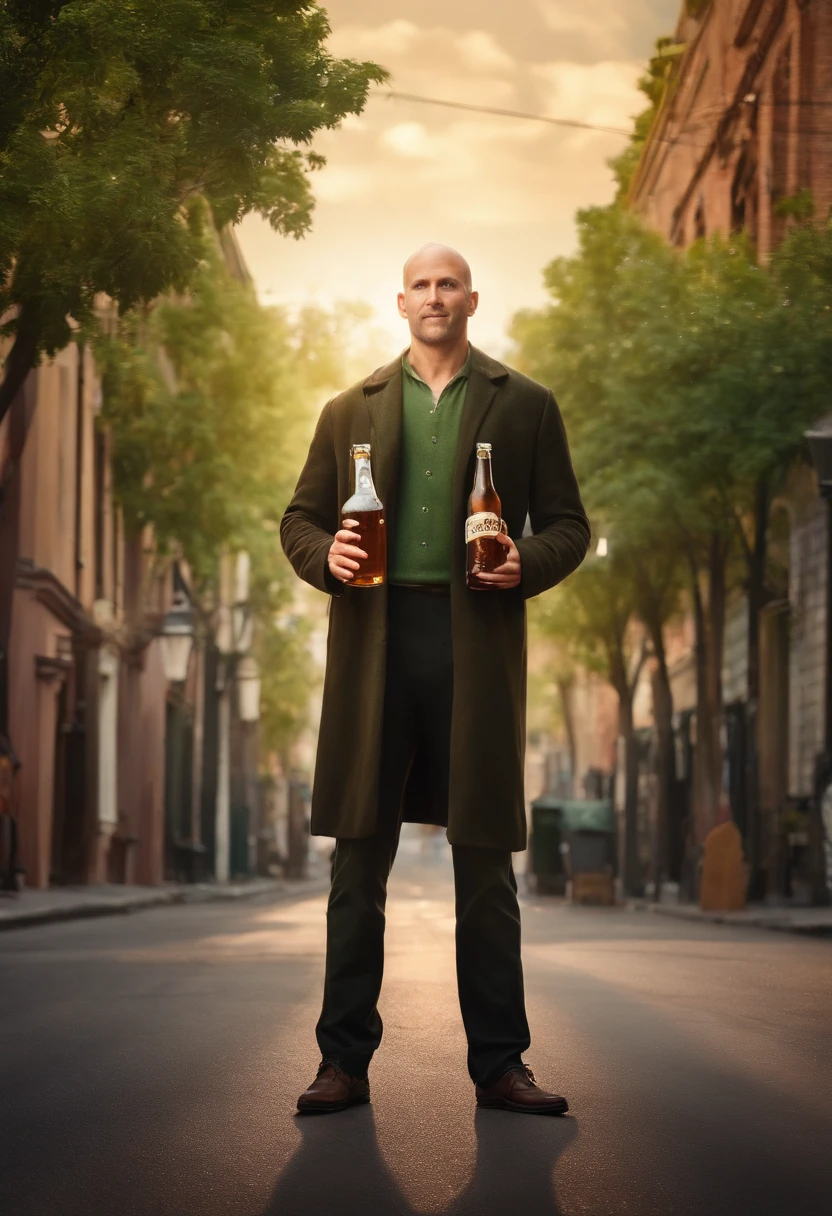 Image of a tall and strong bald man with green eyes and white teeth holding a bottle of beer in his right hand standing in the middle of a street with trees and no cars