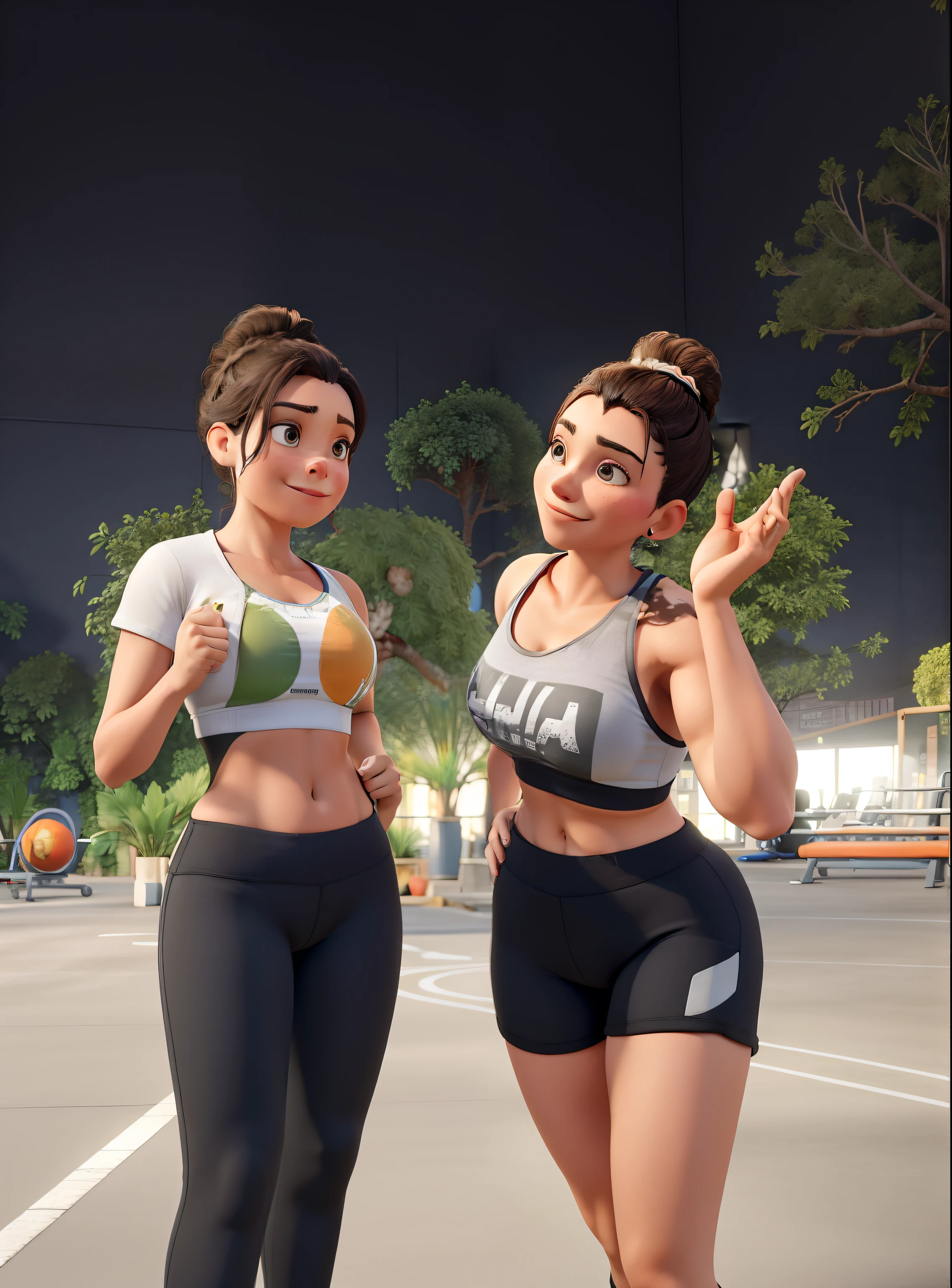 obra-prima, de melhor qualidade, 2 women, one with gym pants and gym top, bun, the other with gym shorts and sports top