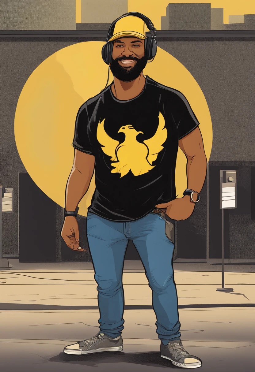 Personagem de desenho animado de um homem, cabelo preto curto, wearing a black t-shirt with a yellow round symbol of a yellow profile man's head, with a circle around the head of the t-shirt in yellow, With a podcast microphone in hand, the other hand a black cell phone, in blue jeans, sorrindo,