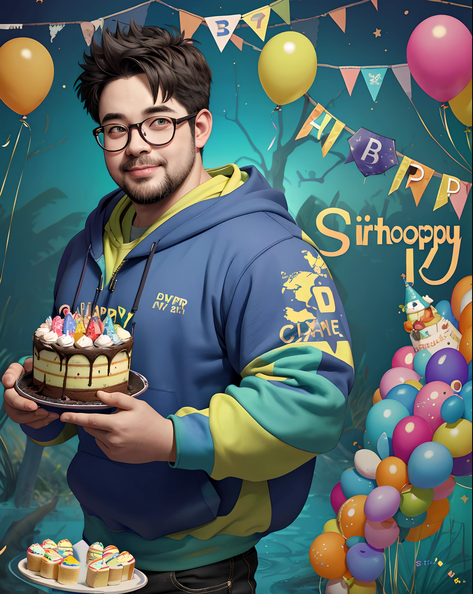 1boy, (apocalypse:1.2) fat boy with spectacles in hoody celebrate birthday party, Super detail and vibrant colors, Cake and candles super detailed, balloons decorations, (swamp_background:1.2)