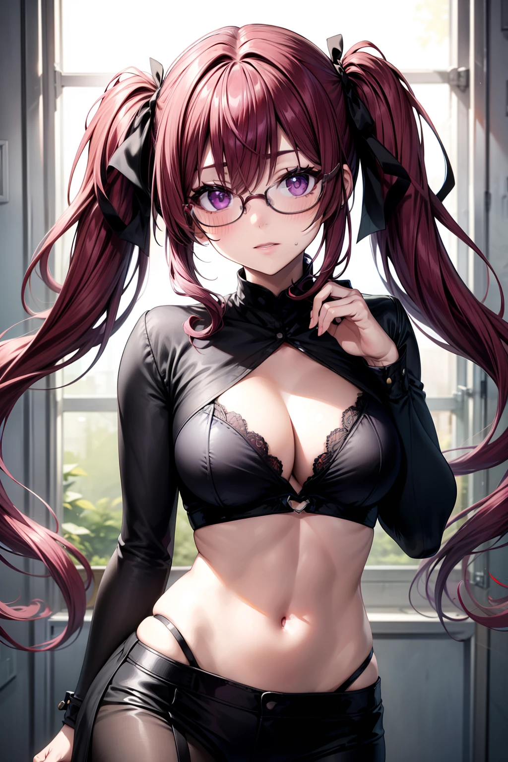 (masterpiece, best quality, ultra-detailed), AresiaOC, violet eyes, burgundy hair, twintails, glasses