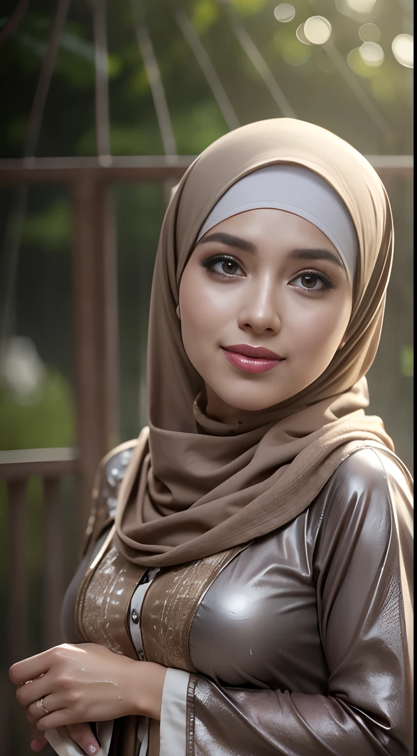 RAW, Best quality, high resolution, Masterpiece: 1.3), Beautiful Malay woman in hijab (iu:0.8), high resolution,Malay girl in beautiful hijab, Masterpiece, Soft smile,Beautiful Malay woman wearing pastel colored hijab during heavy rain, dark clouds, ankle length dress, shawl, long sleeve shirt, soaking wet, high resolution, 4k, HDR, photorealistic, realistic, sweaty skin, thin face, big breasts, perfect makeup up, big eyes, glossy lips, perfect nose, smile soft, thick sexy body, portrait, cinematic, realistic, photo, standing in the rain, dirt on clothes, mud on feet, heavy rain, wet body, heavy rain, Style-Empire, (Style-Glass), ((( surrealisme))), full_body_shot, dramatic, backlit, rays of light, volumetric lighting, detailed face, very detailed, wet skin, wet clothes, wet body, wet hijap, soaked, soaked, curled, round face, looking at viewer, smiling, clothes shiny, oily clothes, varied poses