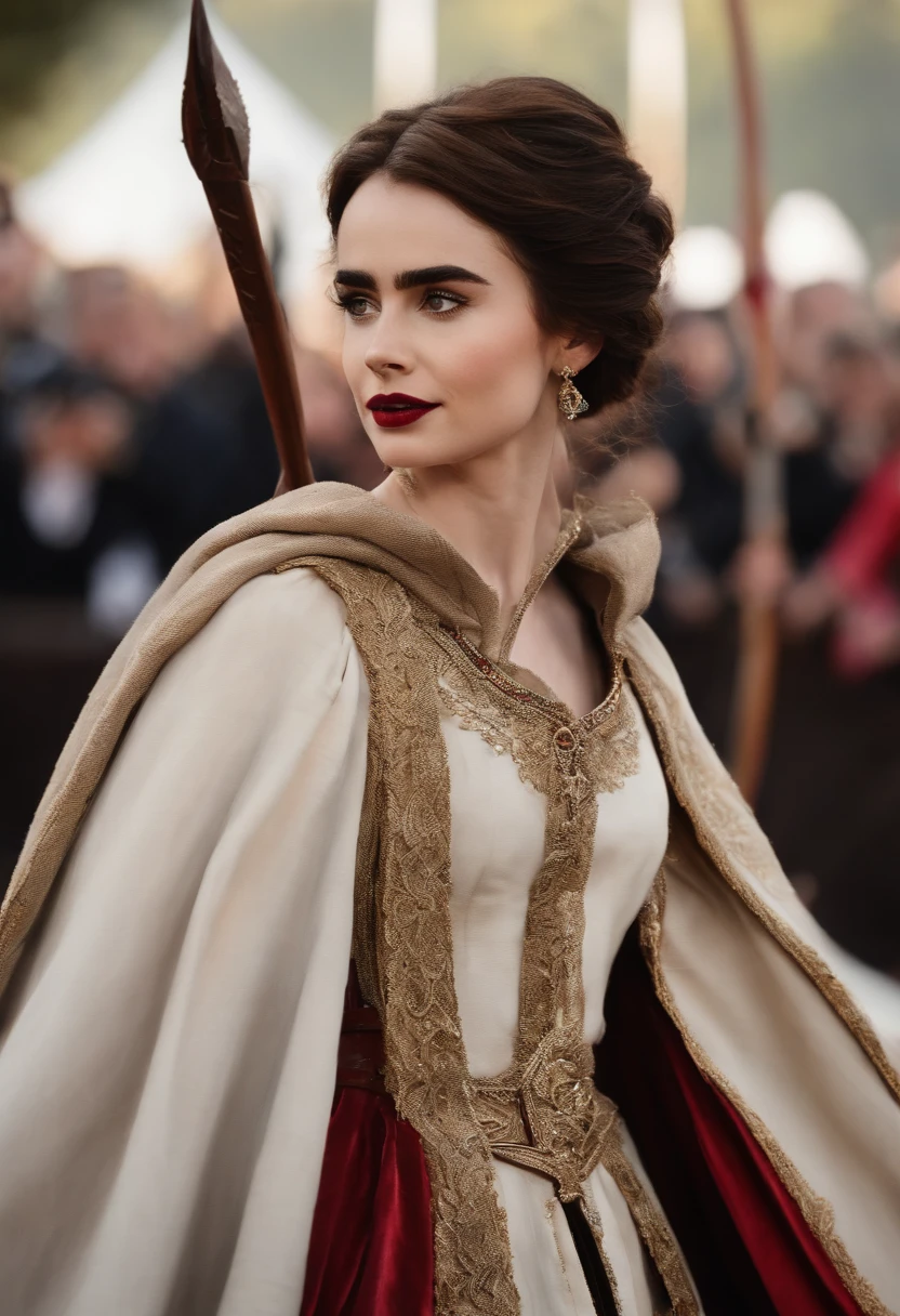 Lily Collins com cabelo encaracolado preto com capuz vermelho, roupas medievais, bow and arrow in hand, Entering an arena landscape full of bleachers and audience watching the illustration is detailed, suave e brilhante, Arte HD por Citemer Liu
