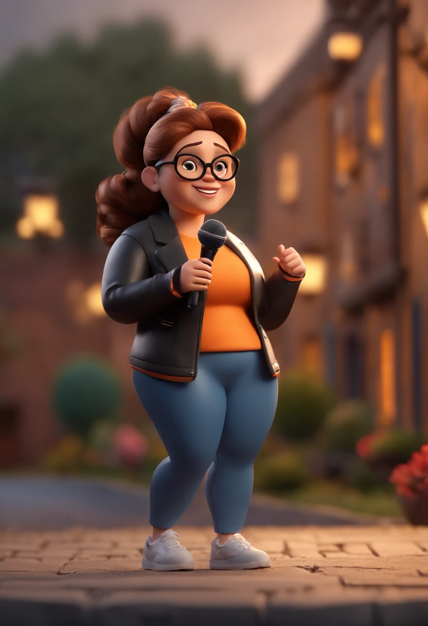 Cartoon character of a chubby woman with brown hair, wearing a bun in her hair, holding a microphone and singing, wearing black glasses, a black jacket, a gray shirt, an animated character, Stylized character, animation style rendering, 3D stylized, Arnold Maya render, 3d stylized rendering, toon rendering keyshot, 3D Character, 3D Character, Stylized 3D Rendering, 3D Character Rendering, cartoon character, Close up Character, Character Pose, (Pixar Style) (Masterpiece: 1.2) (Bokeh) (best quality) (detailed skin) (detailed texture) (8k) (clay) (Cinematic lighting) (sharp focus,Sits and leaks upper body