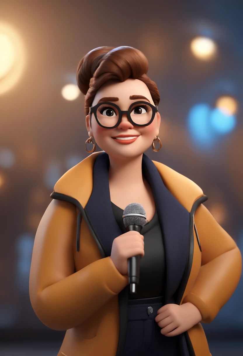 Cartoon character of a chubby woman with brown hair, wearing a bun in her hair, holding a microphone and singing, wearing black glasses, a black jacket, a gray shirt, an animated character, Stylized character, animation style rendering, 3D stylized, Arnold Maya render, 3d stylized rendering, toon rendering keyshot, 3D Character, 3D Character, Stylized 3D Rendering, 3D Character Rendering, cartoon character, Close up Character, Character Pose, (Pixar Style) (Masterpiece: 1.2) (Bokeh) (best quality) (detailed skin) (detailed texture) (8k) (clay) (Cinematic lighting) (sharp focus,Sits and leaks upper body