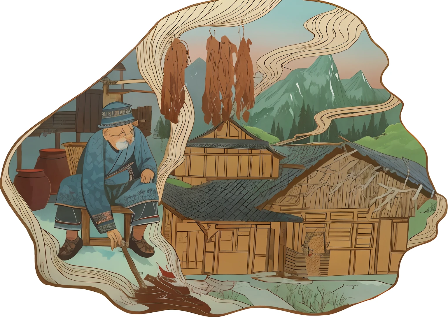 An old man in Tujia costume sits on a chair in front of the house and smokes bacon over a firewood，Illustration of a wooden house and a distant mountain can be seen, Inspired by Yoshida Hanbei, full-colour illustration, inspired by Shūbun Tenshō, Chinese village, full page illustration, inspired by Dong Yuan, artwork in the style of z.Show on the. gu, inspired by Saneatsu Mushanokōji, Stylized digital illustration