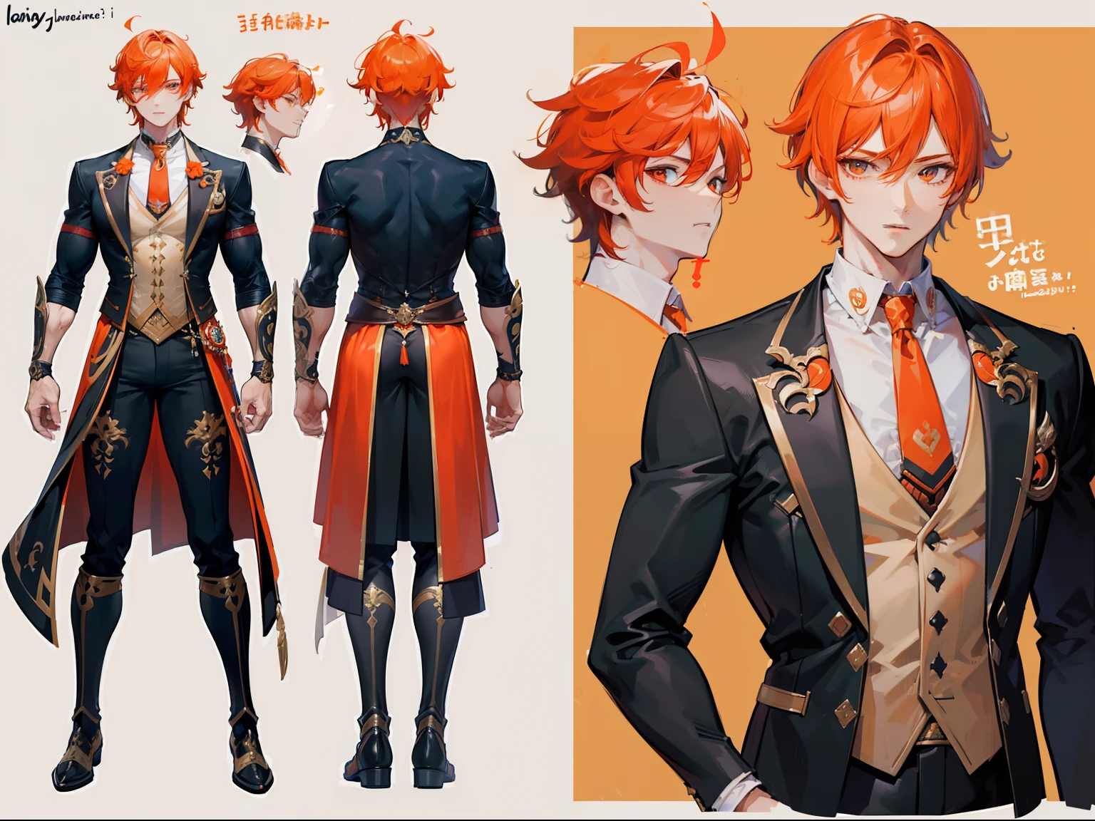 ((Masterpiece, Highest quality)), Male, boy, Detailed face, character design sheet, full bodyesbian, Full of details, frontal body view, back body view, Highly detailed, Depth, Many parts, Muscle boy with orange hair,handsome man, vampire outfit clothes, Genshin Impact, man tall