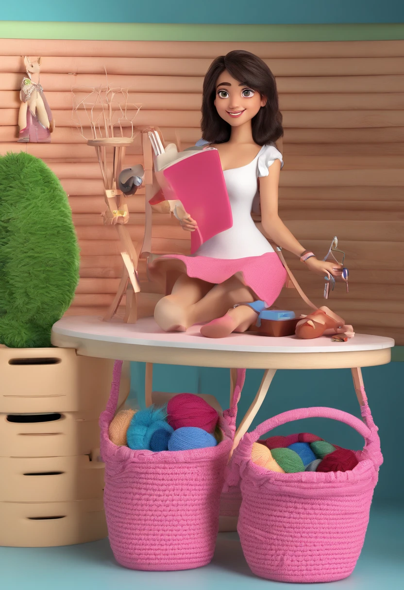 (best quality,4k,8k,Altas,master part:1.2),ultra-detalhado,(Realistic,fotorrealista,photo-realistic:1.37),Estilo Pixar: Uma mulher morena clara de 48 anos, with medium shoulder-length hair, Crochet a Pink Bag, Holding a crochet hook in her hand, Sitting at a table with a crochet bag shelf background.