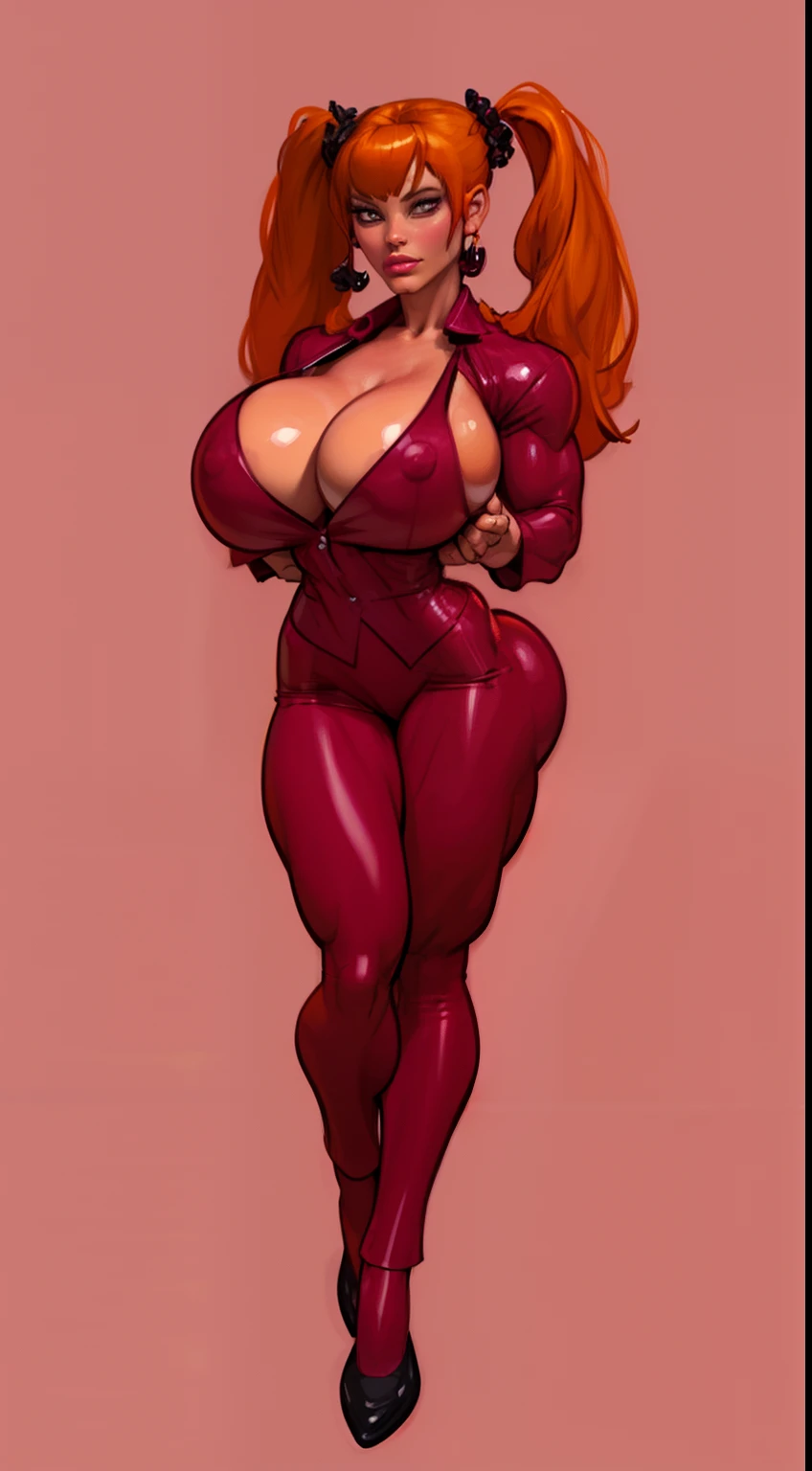 ((masterpiece)),(((best quality))), ((character design sheet:1.4)), ((full body view)) illustration,1girl, muscular, ((burgundy business suit:1.4)), blossom, ((hair combed back):1.1), ((orange hair:1.4)), burgundy suit ((detailed face:1.4)) ((gigantic breasts:1.6)), (latex pants), ((cleavage)), beautiful woman, ((long twintails:1.3)), shiny skin, (thick legs), scribbles and marks, , rough sketches, pose, 8k,16k, (simple background, white background: 1.3)