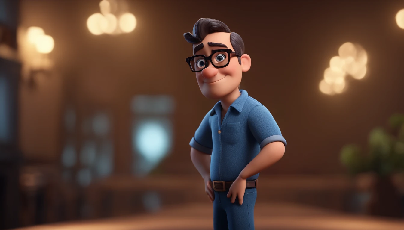 Cartoon character of a man with black glasses and a blue shirt, animation character, Caractere estilizado, animation style rendering, 3D estilizado, Arnold Maya render, 3 d render stylized, toon render keyshot, Personagem 3D, Personagem 3D, 3d rendering stylized, 3 d character render, personagem de desenho animado, Personagem de close up, Pose de personagem,  (Estilo Pixar) (master part:1.2) (Bokeh) (best quality) (pele detalhada) (textura detalhada) (8k) (argila) (Cinematic lighting) (foco nítido