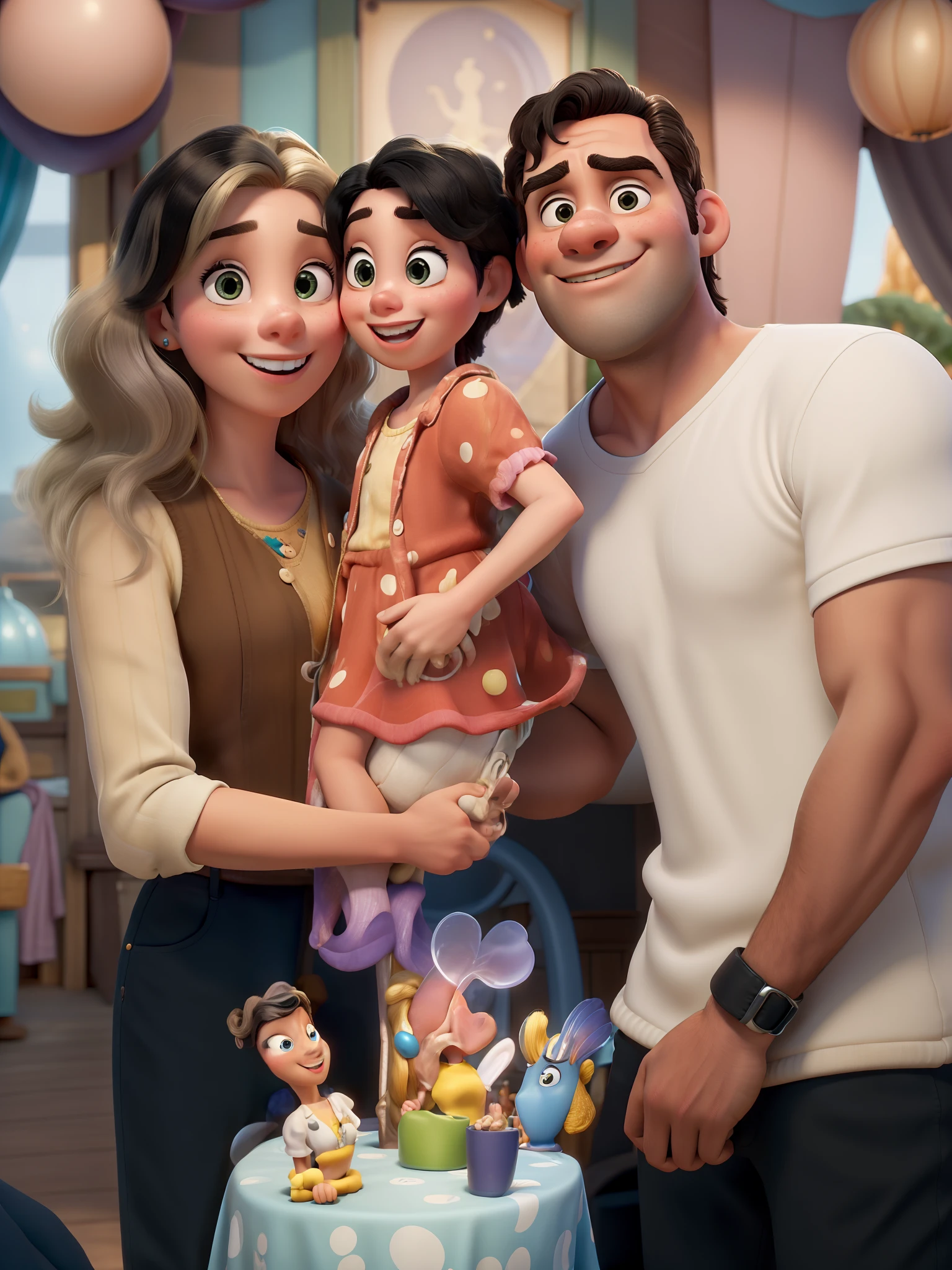 Obra-prima ao estilo Disney/Pixar in high quality and high resolution. The woman in the front is blonde and the man has black hair.
