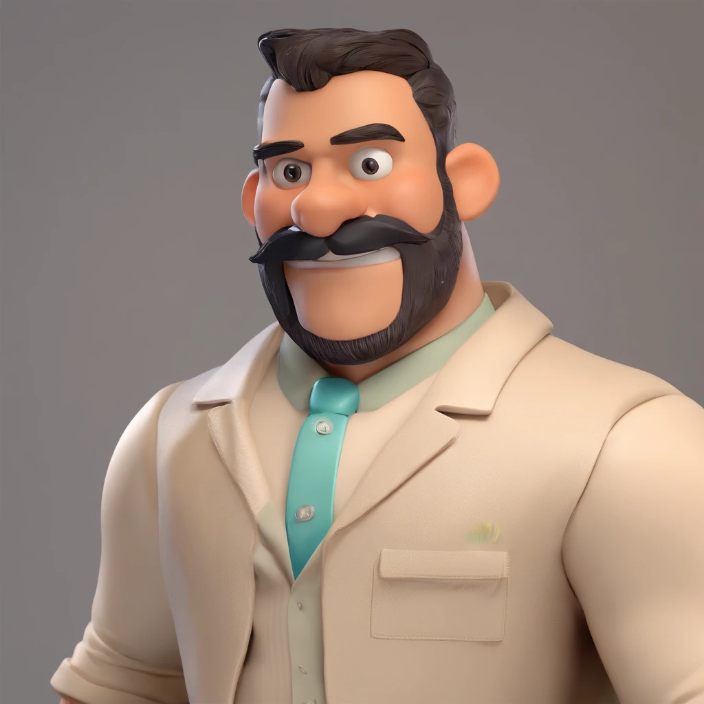 Criar um personagem no estilo Pixar. Trata-se de um homem de 30 anos, com barba, Branco, com cabelos castanhos curtos e um quiff, e olhos castanhos. Ele deve estar na frente de um computador, Trabalhar como designer