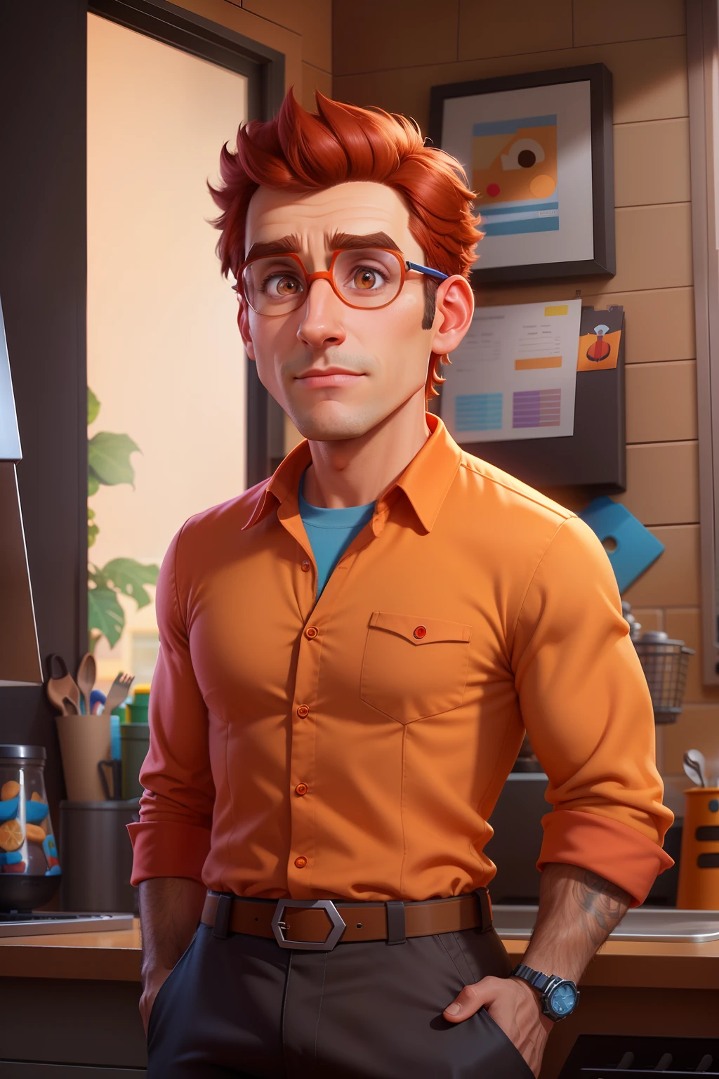Man in orange shirt and black pants standing in a kitchen, Como um personagem da Pixar, pixarman rendering rendering, renderizar na pixar, pixar 3 d animation style, pixar retrato 8 k foto, animation character, Arnold Maya render, Representado como um personagem da Pixar, pixar octane render, personagem pixar, Estilo dos desenhos animados da Pixar, Personagem ideal da Pixar, renderizado em Arnold, pixar rendering