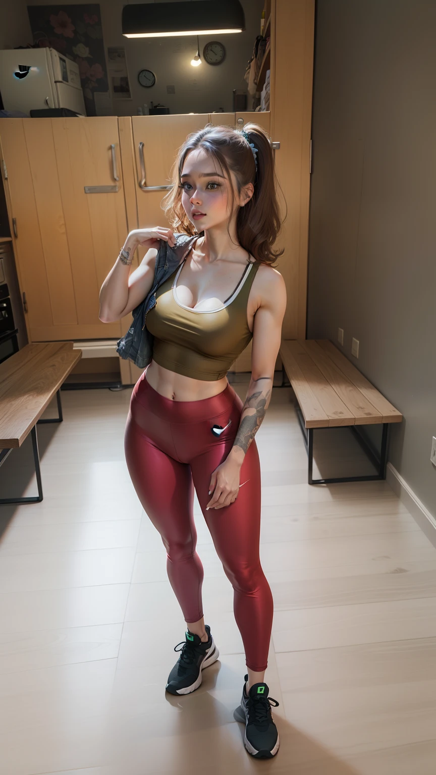 1 , cabelo loiro escuro, olhos mel, Nike Green Legging Pants, bunda grande, peitos grandes,, cameltoe, fundo dentro do quarto sozinha, roupa de corpo apertado, Realistic detailed HD, 3d, nike, sexy, corpo perfeito, bico do peito, apartamento, janela ao fundo, corpo inteiro, peitos grandes, peitos expostos, decote, focus on pants, foco no decote, mulher bonita