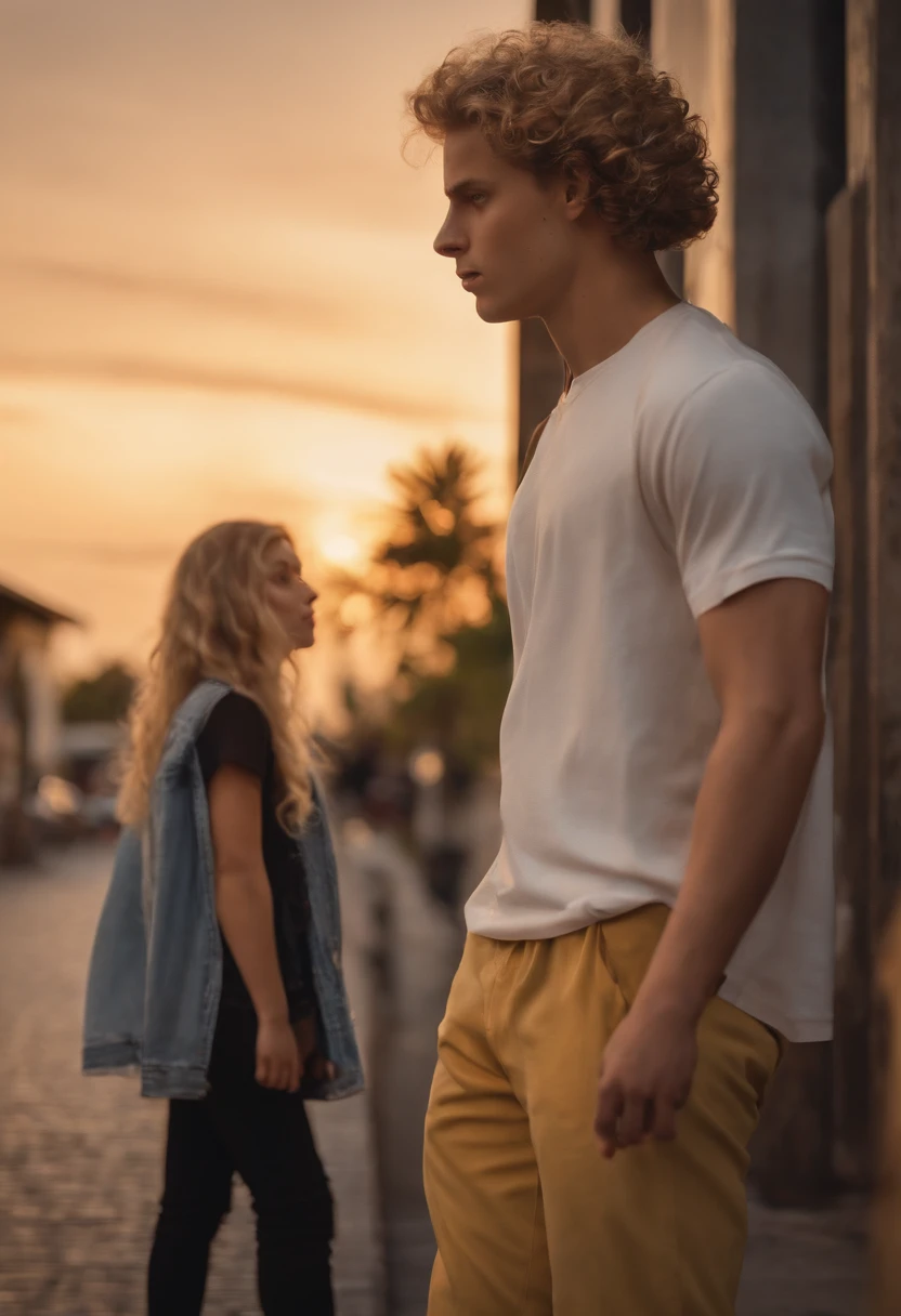 A beautiful girl with straight blond hair looking at a white boy with curly hair and with black pants and sneakers and light yellow shirt written LEMB in the middle