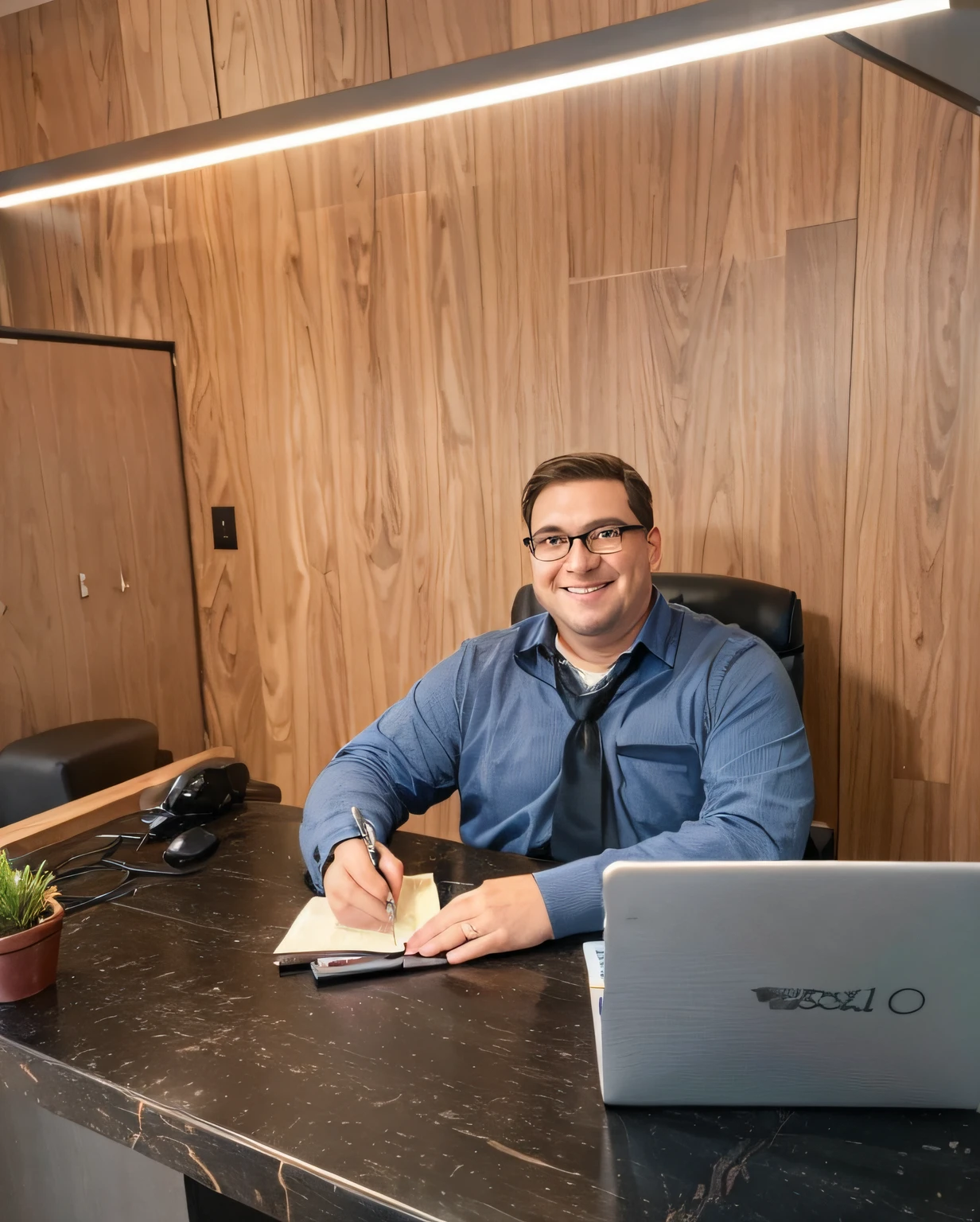 Create a pixar-style drawing titled Emerson Ludwig. The character is a light brown man, with big ears, a wide nose, almost fat, shaved hair and wearing glasses. His clothes are a black sweater, blue tie and white shirt. He is smiling and working in a real estate office, with a laptop on his desk. The character must be drawn as in a cartoon.