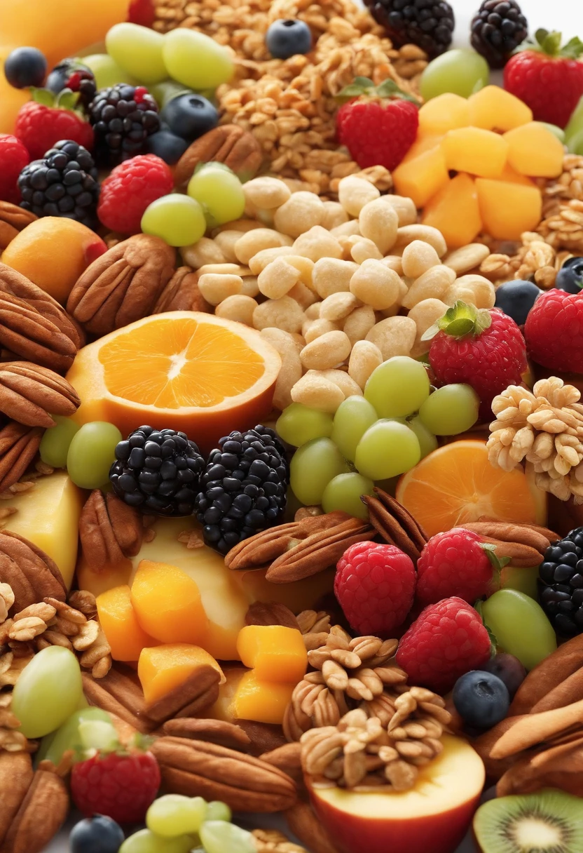 Poster estilo Pixar disney, em 3d, mesa branca com potes de vidros cheios de granola, frutas e cereais