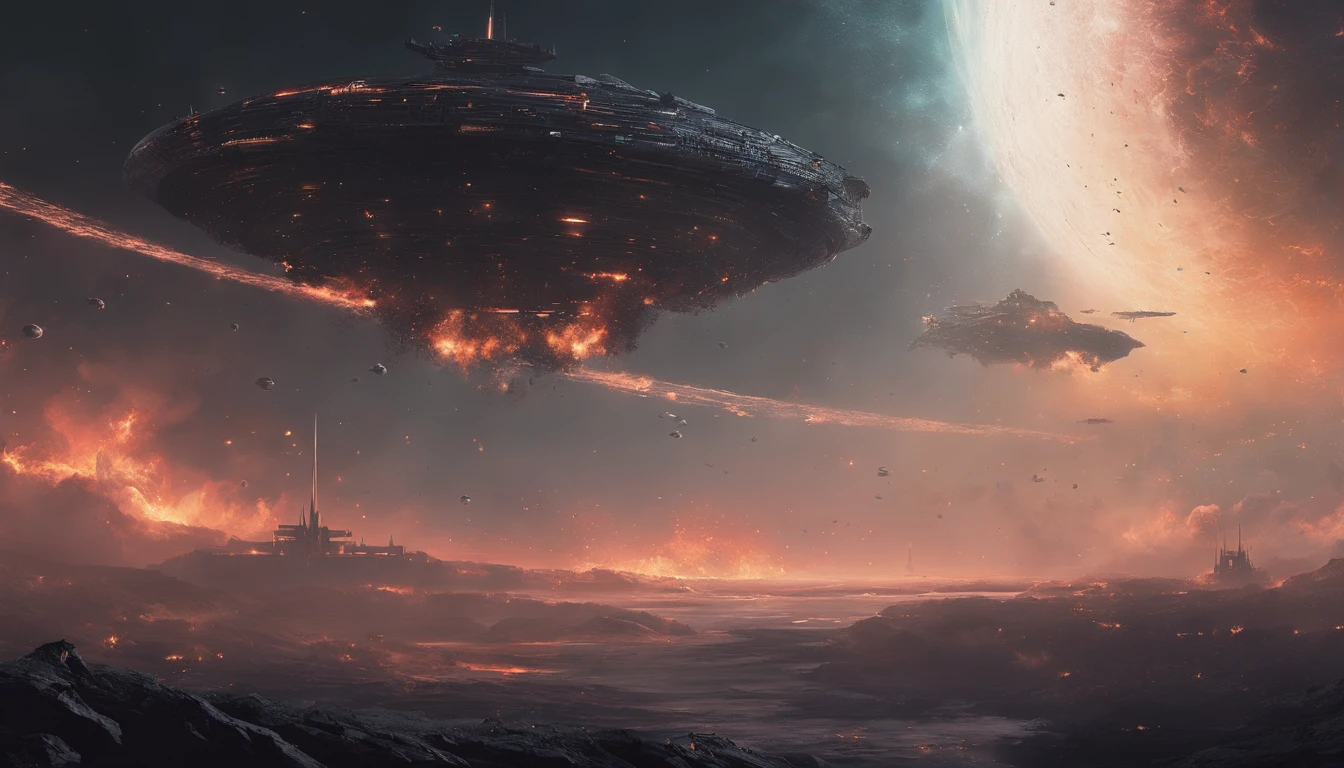 thousands of ships coming out of a black hole in a nebula towards earth in front of a huge Cerberus aggressively standing 100 meters high, localizado em um campo de batalha , Papel de parede de arte conceitual 4K, sci-fi fantasy wallpaper, arte sci fi, arte sci-fi detalhada, bela arte sci fi, Spaceships in overcast sky, arte conceitual obra-prima de arte, arte conceitual 4k, Arte Conceitual 4K, arte conceitual sci fi, mystical sci-fi concept art, fire, Explosions, escombros, sujo