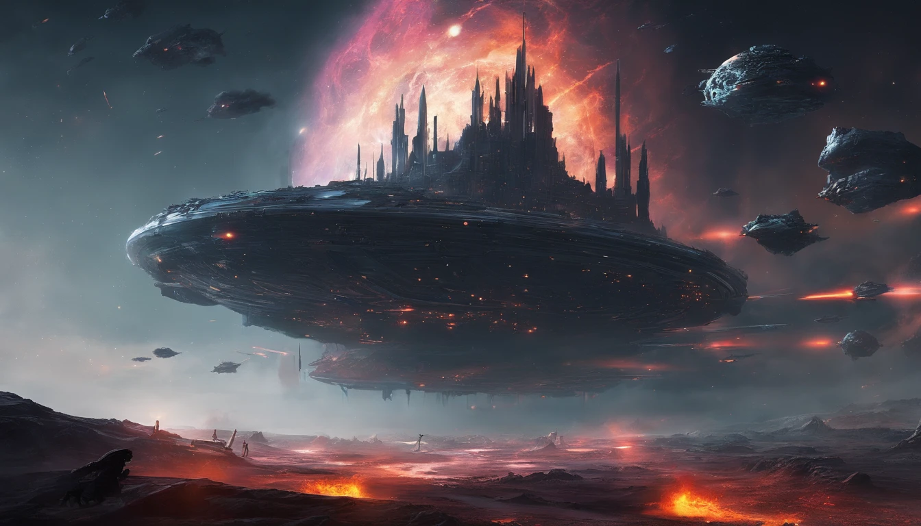 thousands of ships coming out of a black hole in a nebula towards earth in front of a huge Cerberus aggressively standing 100 meters high, localizado em um campo de batalha , Papel de parede de arte conceitual 4K, sci-fi fantasy wallpaper, arte sci fi, arte sci-fi detalhada, bela arte sci fi, Spaceships in overcast sky, arte conceitual obra-prima de arte, arte conceitual 4k, Arte Conceitual 4K, arte conceitual sci fi, mystical sci-fi concept art, fire, Explosions, escombros, sujo