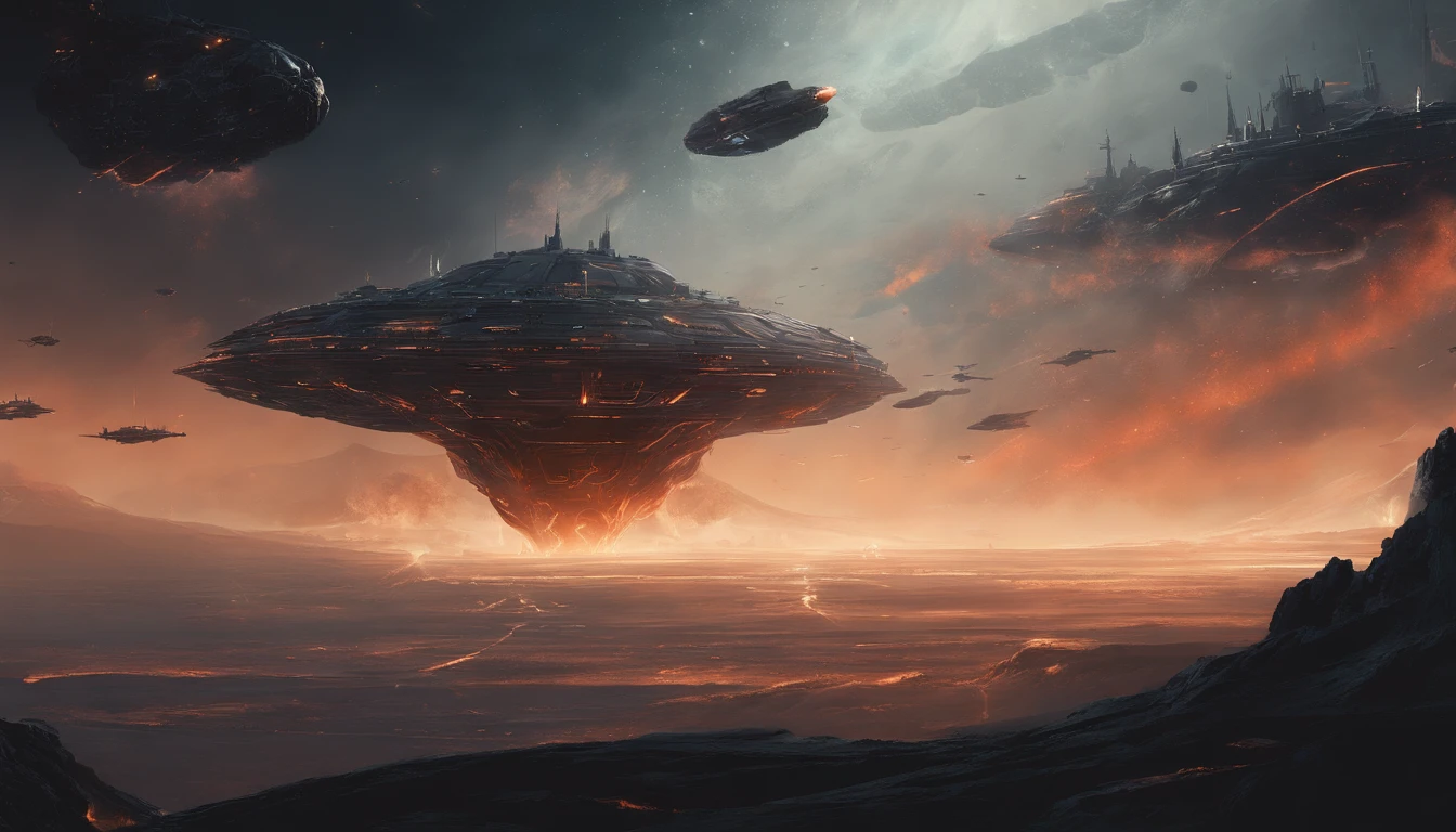 thousands of ships coming out of a black hole in a nebula towards earth in front of a huge Cerberus aggressively standing 100 meters high, localizado em um campo de batalha , Papel de parede de arte conceitual 4K, sci-fi fantasy wallpaper, arte sci fi, arte sci-fi detalhada, bela arte sci fi, Spaceships in overcast sky, arte conceitual obra-prima de arte, arte conceitual 4k, Arte Conceitual 4K, arte conceitual sci fi, mystical sci-fi concept art, fire, Explosions, escombros, sujo