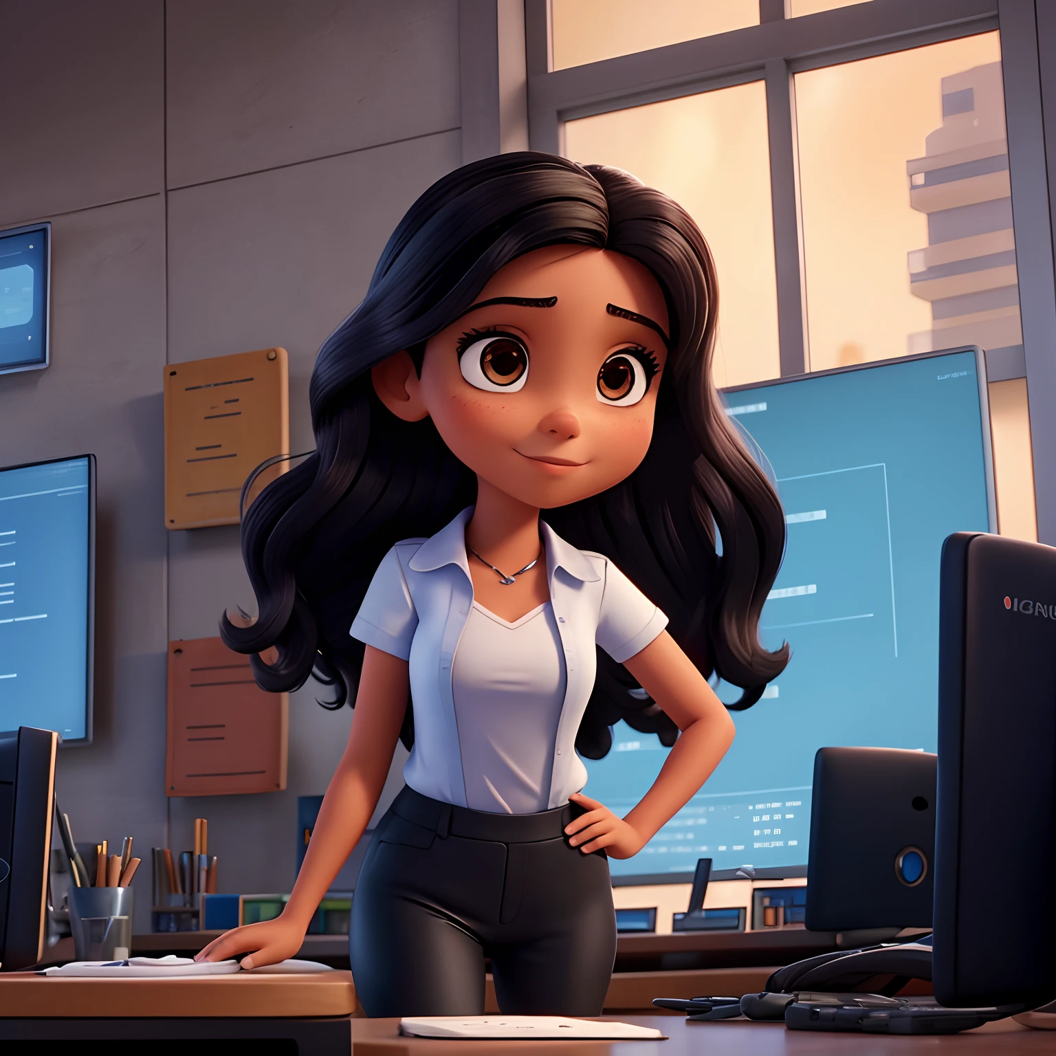 Capa de filme estilo Disney, uma menina morena com olhos castanhos, Tanned skin and long straight black hair working programming applications and an advanced technology office in the background
