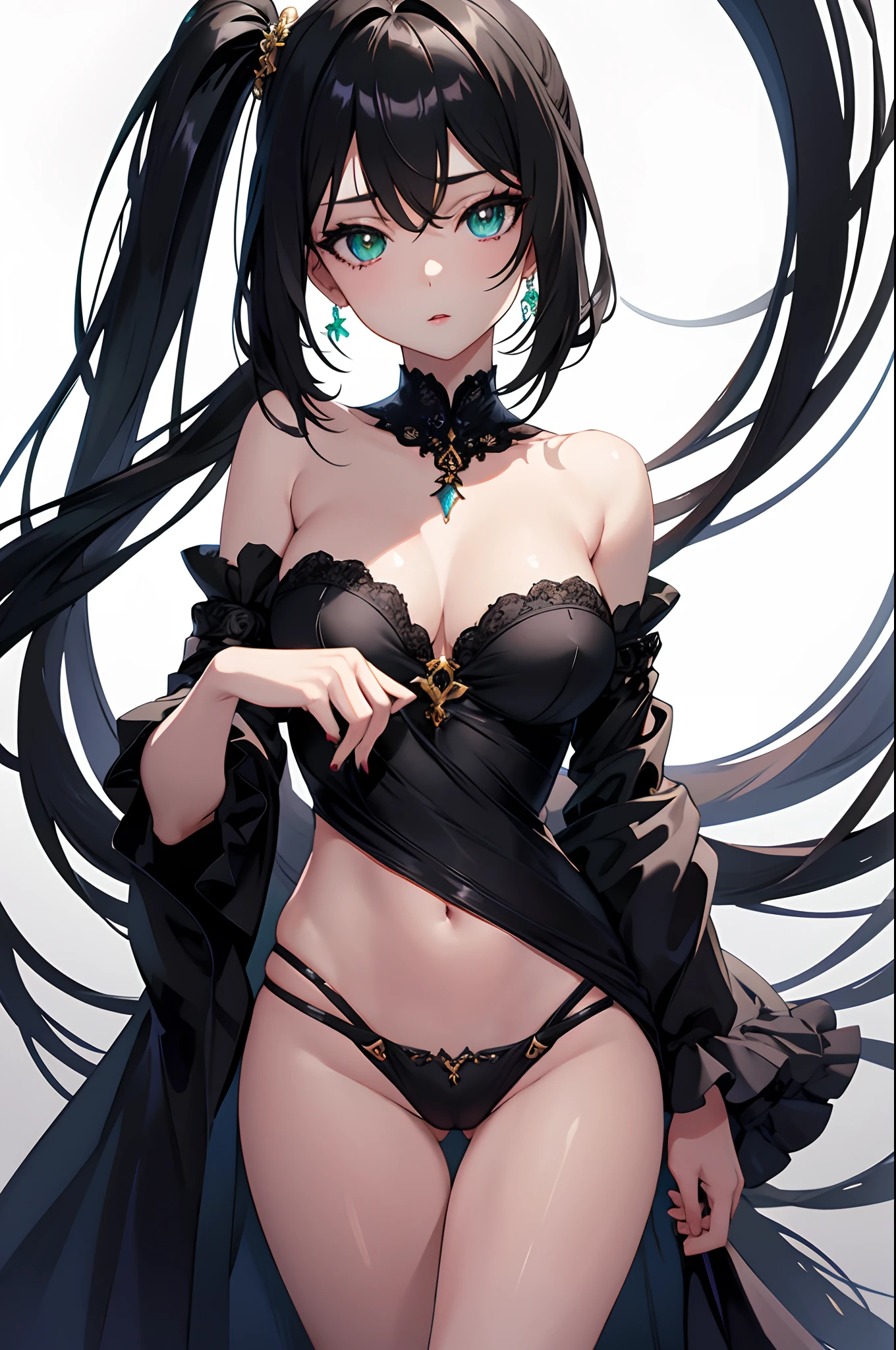 1girl, anime, cute girl, blank background, white background, fantasy, detailed dark fantasy dress with highlights, beautiful face, beautiful eyes, dark colors, black hair, twintails, green eyes, medium breasts, slight cleavage, beautiful skin, cute, breast curtains, extremely delicate and beautiful, (beautiful detailed face:1.0), (detailed deep eyes), symmetrical breasts, deep eyes, shiny skin, portrait, slender waist, hips wider than shoulders, thighs, young girl, expressionless