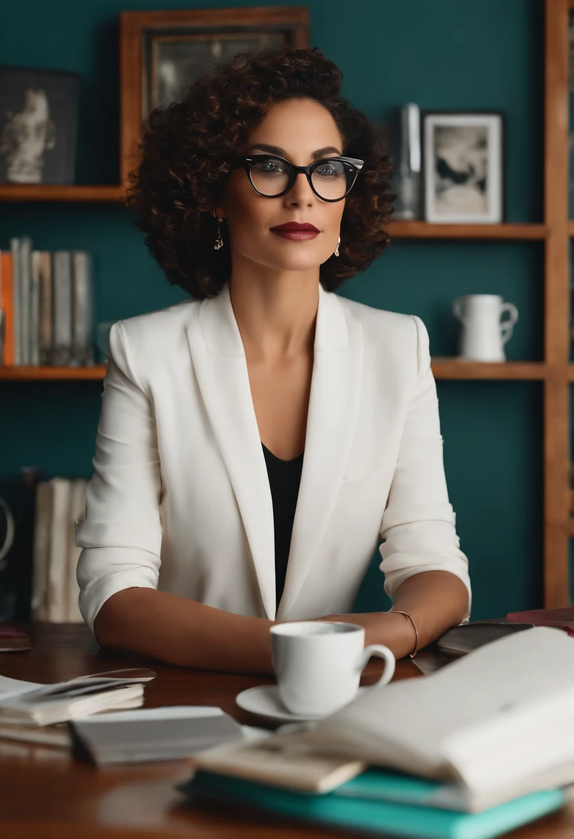 Gere uma imagem estilo Disney pixar,  mulher, cabelo preto medio cacheados, boca carnuda com um batom vermelho, pouco fofinha,  Black Square Glasses,  brincos dourados, Pele branca, Sitting at desk in front of computer with a mug of coffee in hand,  blusa verde e um blazer cinza. Background of the image is a navy blue wall with a bookshelf full of books and a window, um quadro com sua foto na parede, ela parece estar muito feliz trabalhando. Her name is Maila