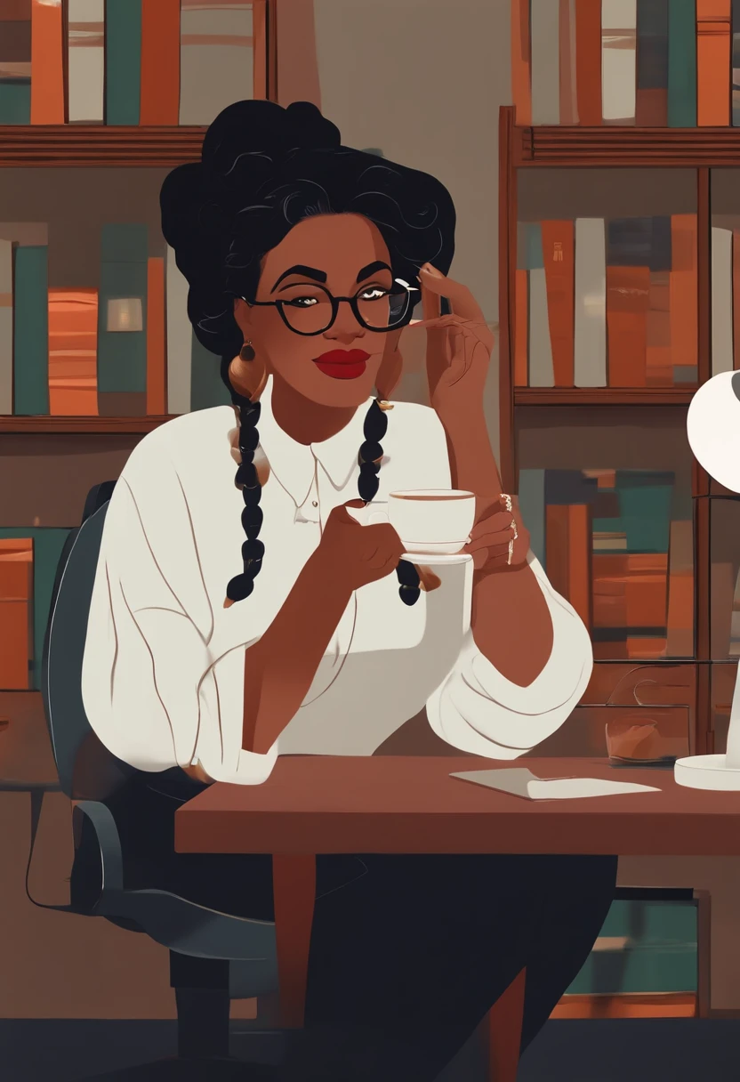 Gere uma imagem estilo Disney pixar, mulher, cabelo preto medio cacheados, boca carnuda com um batom vermelho, pouco fofinha, Black Square Glasses, brincos dourados, Pele branca, Sitting at desk in front of computer with a mug of coffee in hand, blusa verde e um blazer cinza. Background of the image is a navy blue wall with a bookshelf full of books and a window, um quadro com sua foto na parede, ela parece estar muito feliz trabalhando. Her name is Maila