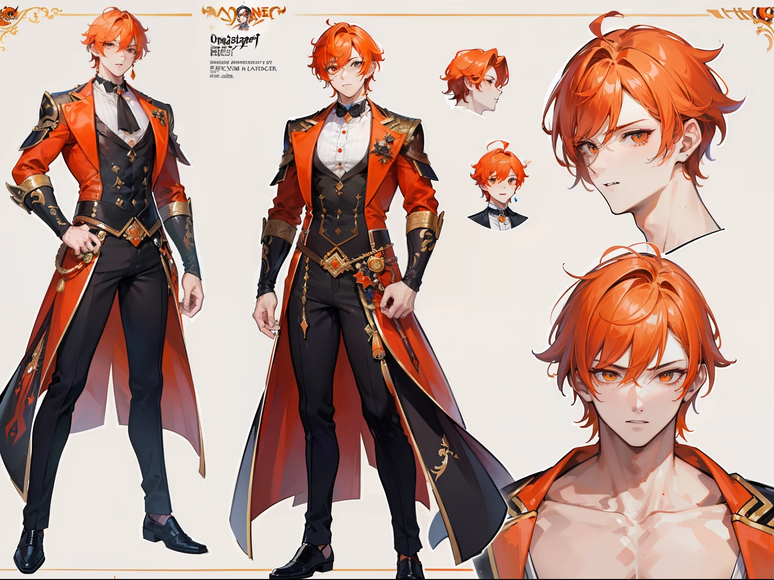 ((Masterpiece, Highest quality)), Male, boy, Detailed face, character design sheet, full bodyesbian, Full of details, frontal body view, back body view, Highly detailed, Depth, Many parts, Muscle boy with orange hair,handsome man, vampire outfit clothes, Genshin Impact, man tall