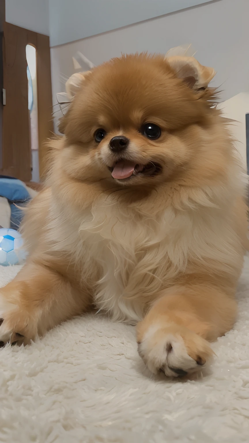 Pomeranian Lulu male  style character disney pixar, playing with a soccer ball