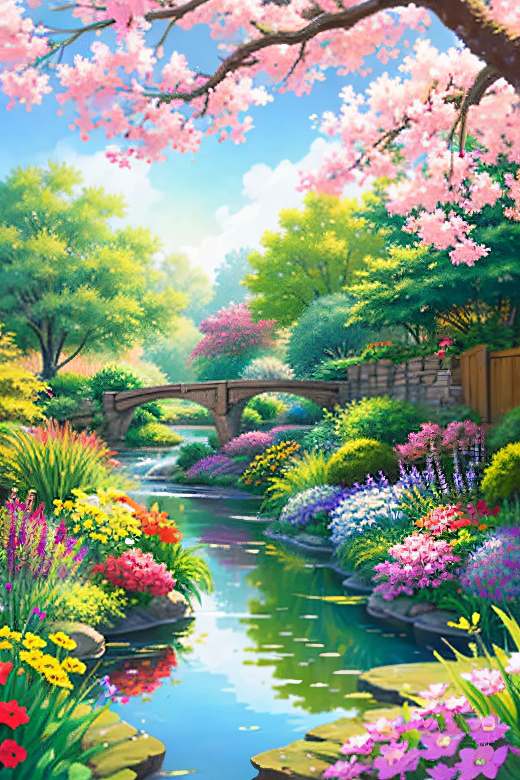 Pixel Art to generate beautiful and serene garden images, With colorful flowers, Calm stream, And the sounds of nature. Show tranquility, life, And the beauty of a perfect day.