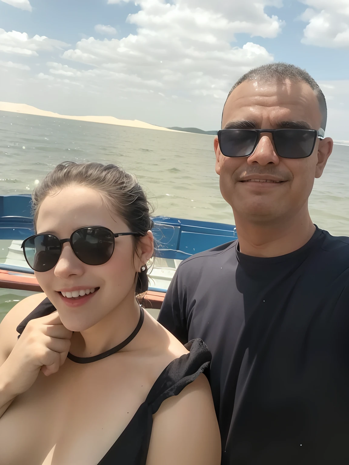 They are posing for a photo on a boat on the water, em um barco, em um barco em um lago, no mar, no oceano, on the ocean water, par, no mar, Directed by: Nandor Soldier, em um lago, divertindo-se, vacation photo, Directed by: Caro Niederer