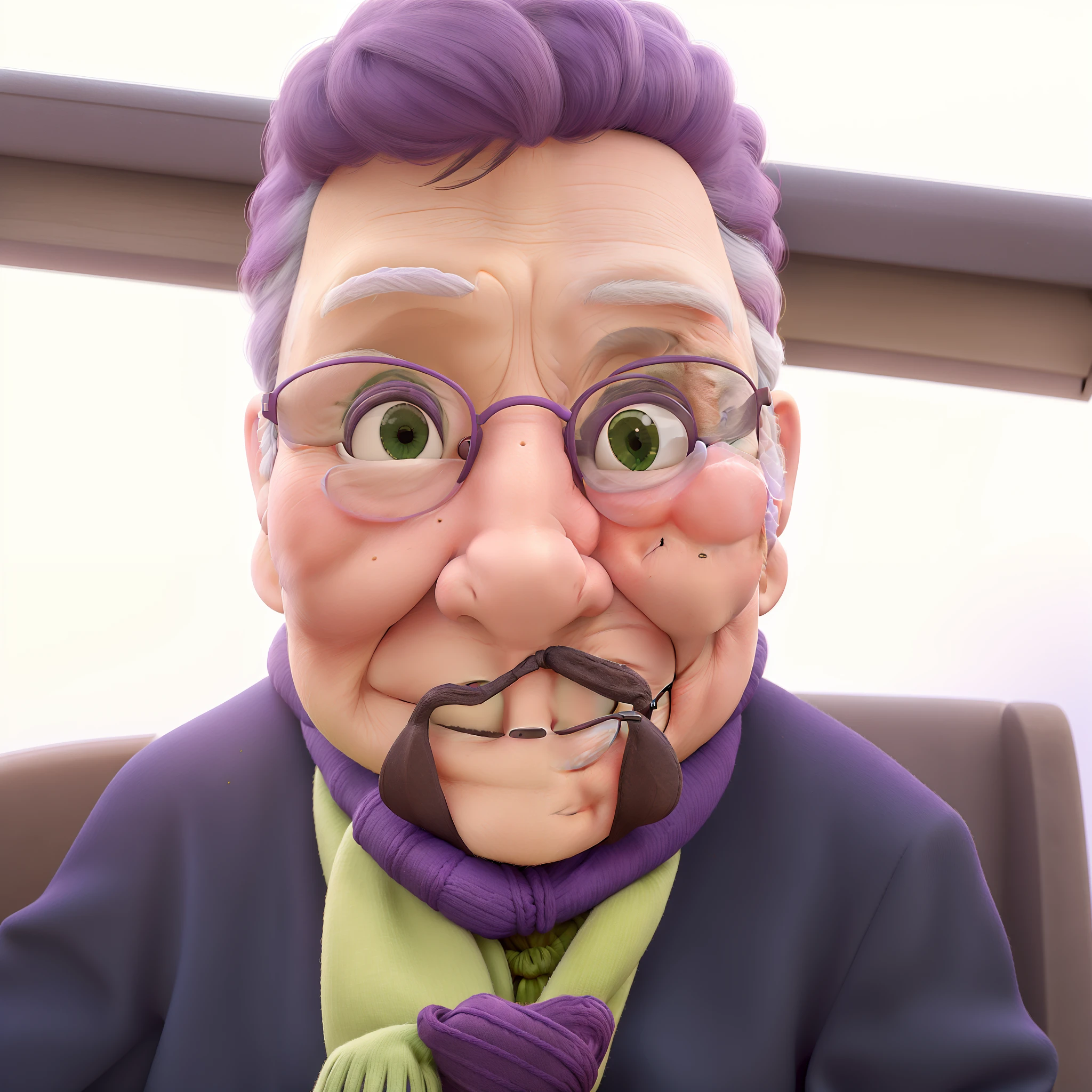 masterpiece, best quality, an old woman with glasses and a scarf on, wearing a purple coat and green scarf, standing at the park