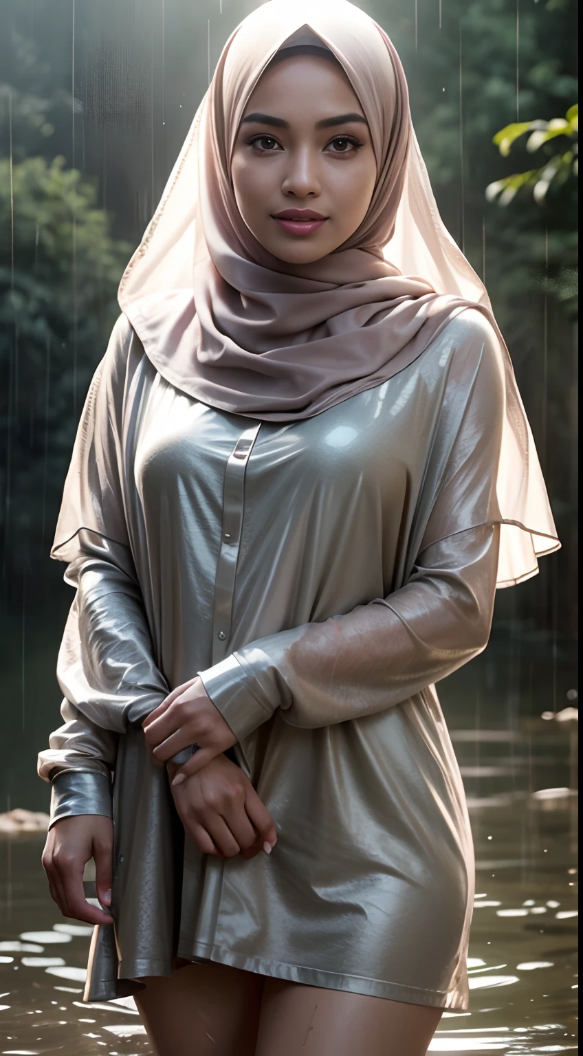 RAW, Best quality, high resolution, Masterpiece: 1.3), Beautiful Malay woman in hijab (iu:0.8), high resolution,Malay girl in beautiful hijab, Masterpiece, Soft smile,Beautiful Malay woman wearing pastel colored hijab during heavy rain, dark clouds, ankle length dress, shawl, long sleeve shirt, soaking wet, high resolution, 4k, HDR, photorealistic, realistic, sweaty skin, thin face, big breasts, perfect makeup up, big eyes, glossy lips, perfect nose, smile soft, thick sexy body, portrait, cinematic, realistic, photo, standing in the rain, dirt on clothes, mud on feet, heavy rain, wet body, heavy rain, Style-Empire, (Style-Glass), ((( surrealisme))), full_body_shot, dramatic, backlit, rays of light, volumetric lighting, detailed face, very detailed, wet skin, wet clothes, wet body, wet hijap, soaked, soaked, curled, round face, looking at viewer, smiling, clothes shiny, oily clothes, varied poses