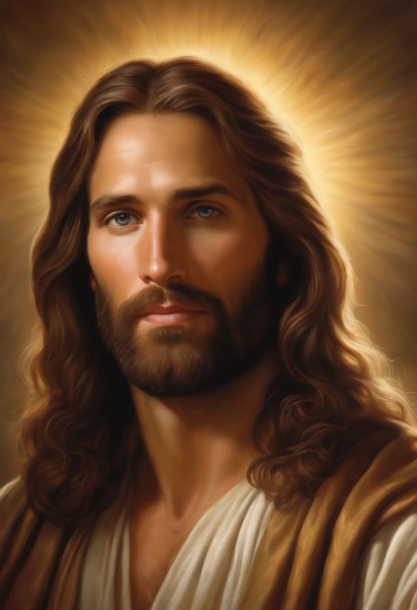 Arafed image of a man with long hair and beard, portrait of Jesus Christ, Jesus Christ, Greg Olsen, Jesus of Nazareth, painted in high resolution, The Lord and Savior, Jon McNaughton, 8K resolution. Oil on canvas, face of Jesus, portrait of religious masterpiece, ultra detail. Digital painting, dressed as Jesus Christ, very beautiful portrait, heavenly background