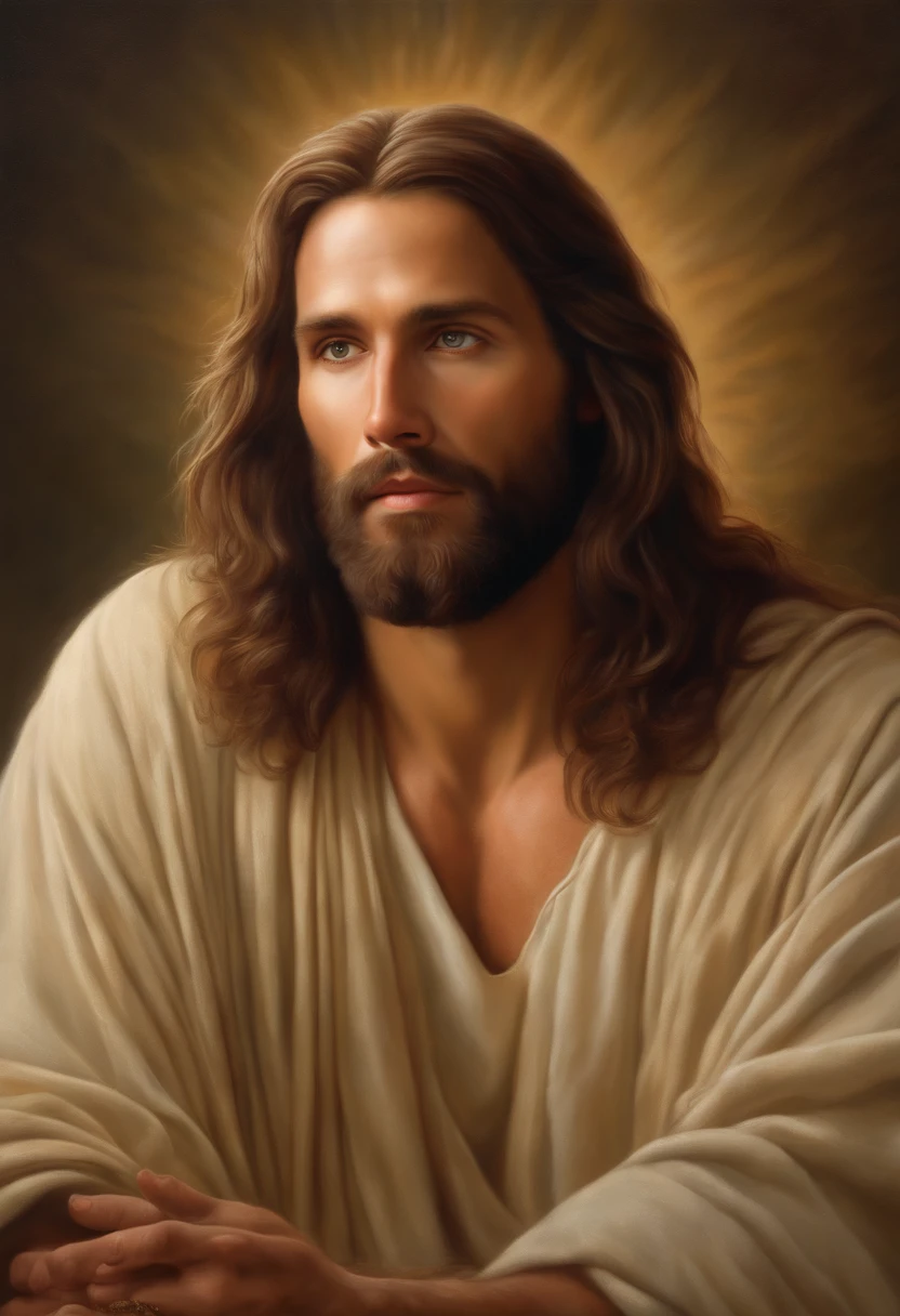 Arafed image of a man with long hair and beard, portrait of Jesus Christ, Jesus Christ, Greg Olsen, Jesus of Nazareth, painted in high resolution, The Lord and Savior, Jon McNaughton, 8K resolution. Oil on canvas, face of Jesus, portrait of religious masterpiece, ultra detail. Digital painting, dressed as Jesus Christ, very beautiful portrait, heavenly background