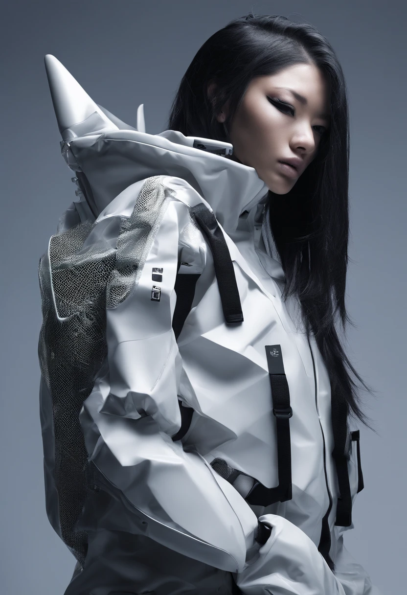 female model, professional photoshoot, sci-fi chic:0.4, futuristic haute couture:0.3, glitch aesthetic:0.3, haute couture:0.4 , portrait close up, by Balenciaga high fashion creator ,