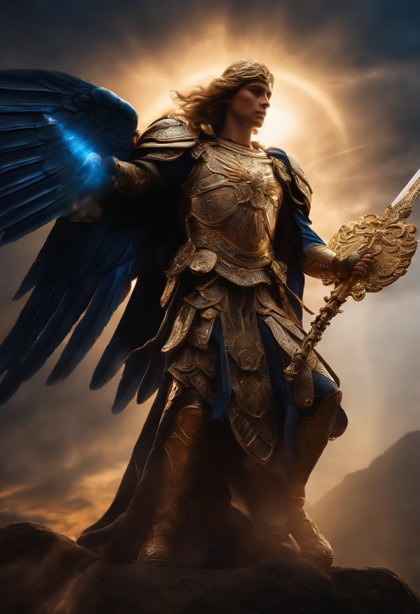 Archangel Michael with Sword and Shield, guerrero, misterioso, colores muy brillantes, light particles, con luz brillante, tipo pixel, Fondo de pantalla 4k del cielo