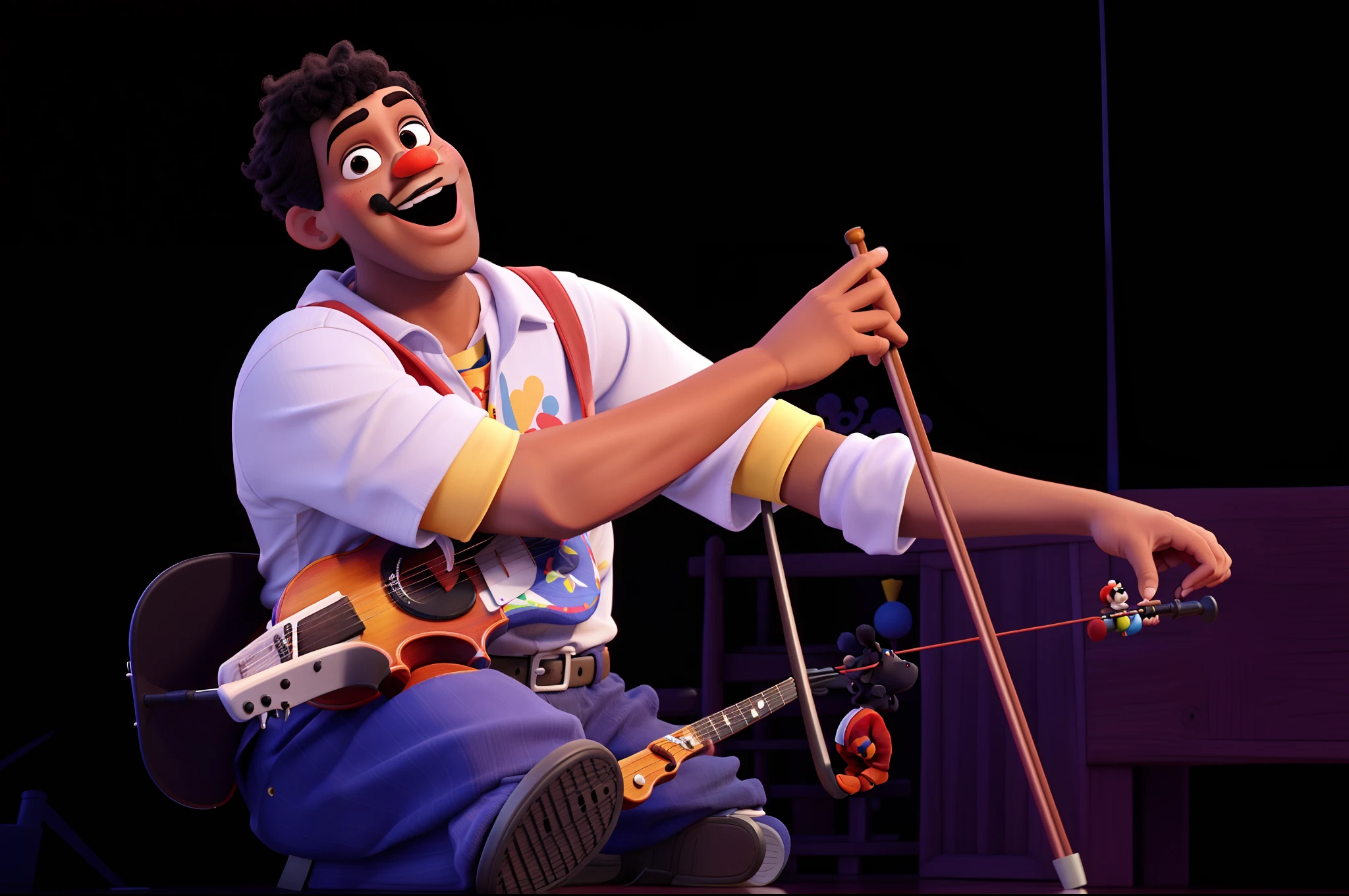 estilo disney pixar, A black-nosed clown, sentado, tocando um serrote com um arco de violino
