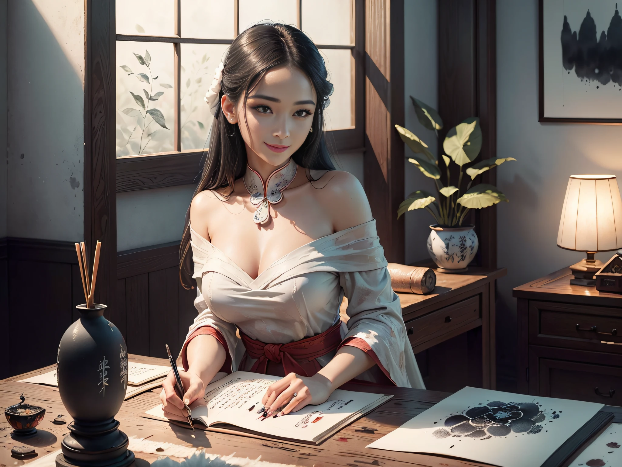 High quality, Masterpiece, Masterpiece, Exquisite facial features, Exquisite Hair, Elaborate Eyes, Delicate colored hair, 4K quality, Gorgeous light and shadow, Tyndall effect, Halo, Messy hair, Young state, Gorgeous scenes, Beautifully dressed, Chains, feater,Ancient Chinese beauties have big eyes and rich details, Digital painting, art stations, concept-art, Sharp focus, illustration, greg rutkovsky(Greg Rutkowski)、An Alphonse Mucha's(Alphonse Mucha)and Victor Ngay(Victo Nkai)of works of art