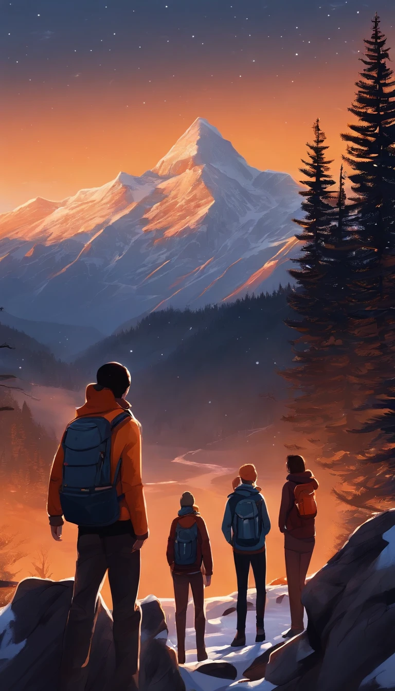 Three agers seen from the shore, Mountain Adventure Scenery, cartoon, Snow on the top of the mountain, twlight, Starry sky, Orange sky