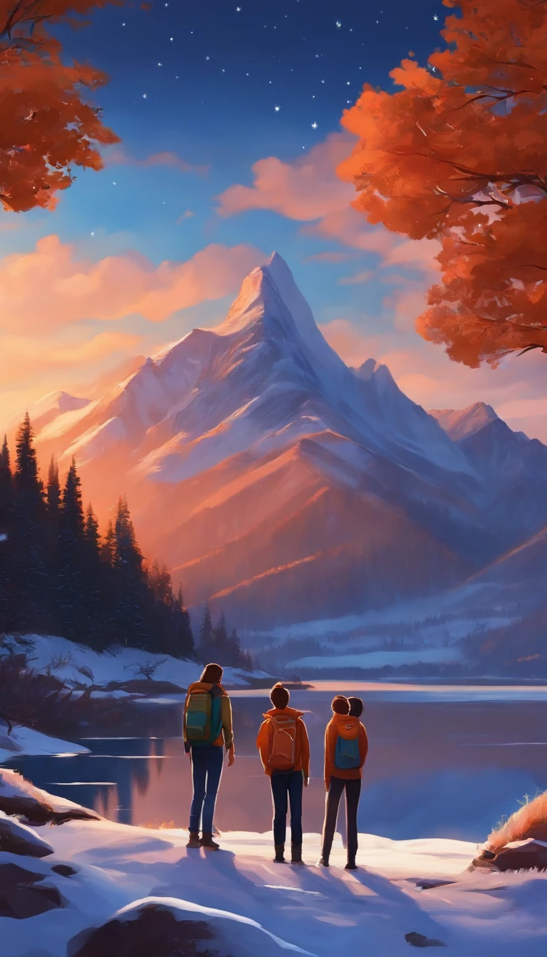 Three teenagers seen from the shore, Mountain Adventure Scenery, cartoon, Snow on the top of the mountain, twlight, Starry sky, Orange sky