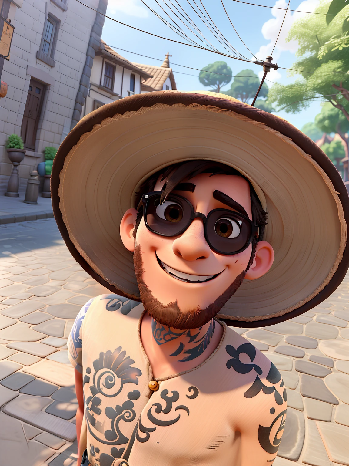a young man, wearing a wide-brimmed straw hat, walks on a cobblestone street, brown eyes, is wearing sunglasses and is happy and smiling, his body has tattoos, tattooed body, Pixar style drawing, high quality Pixar style drawing, hands with five fingers, very detailed and refined drawing, Disney studio