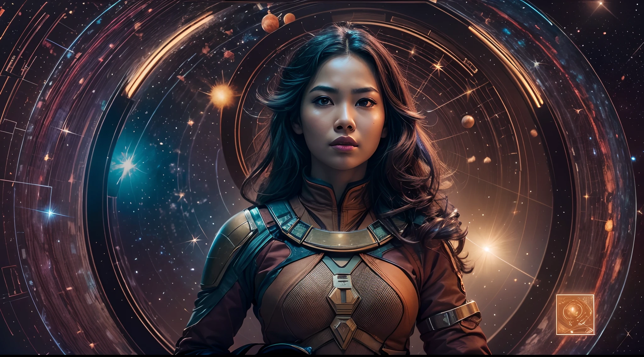 Visualize the Malay girl as a guardian of the galaxy, with celestial elements like planets and stars surrounding her. Use cosmic colors and lighting to convey her role as a protector of the universe, 28mm lens, Establishing shot, High Contrast cinematography effect, Natural Lighting, Desaturate color grading, high quality, ultra detail, 8k resolution,