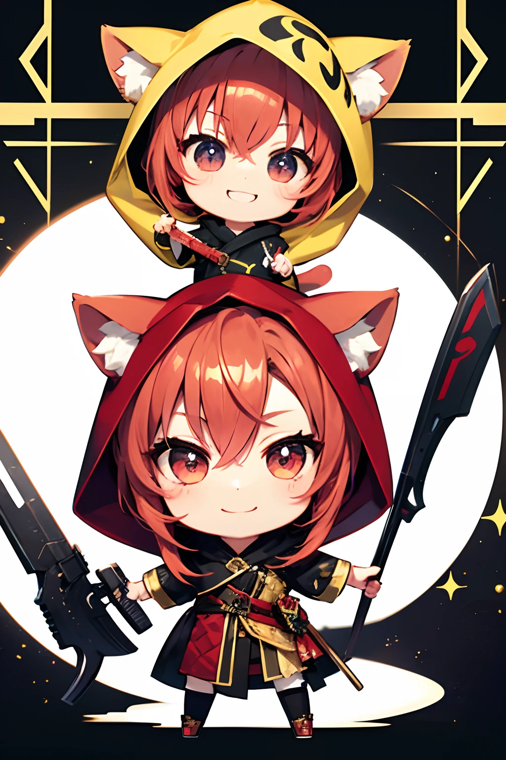 (Chibi:1.3)、独奏 soio Happiness、Hoplite Costume、With weapons、Hoplite Pose Chibi Chara Red hair Nekomimi A smile Wearing a hood