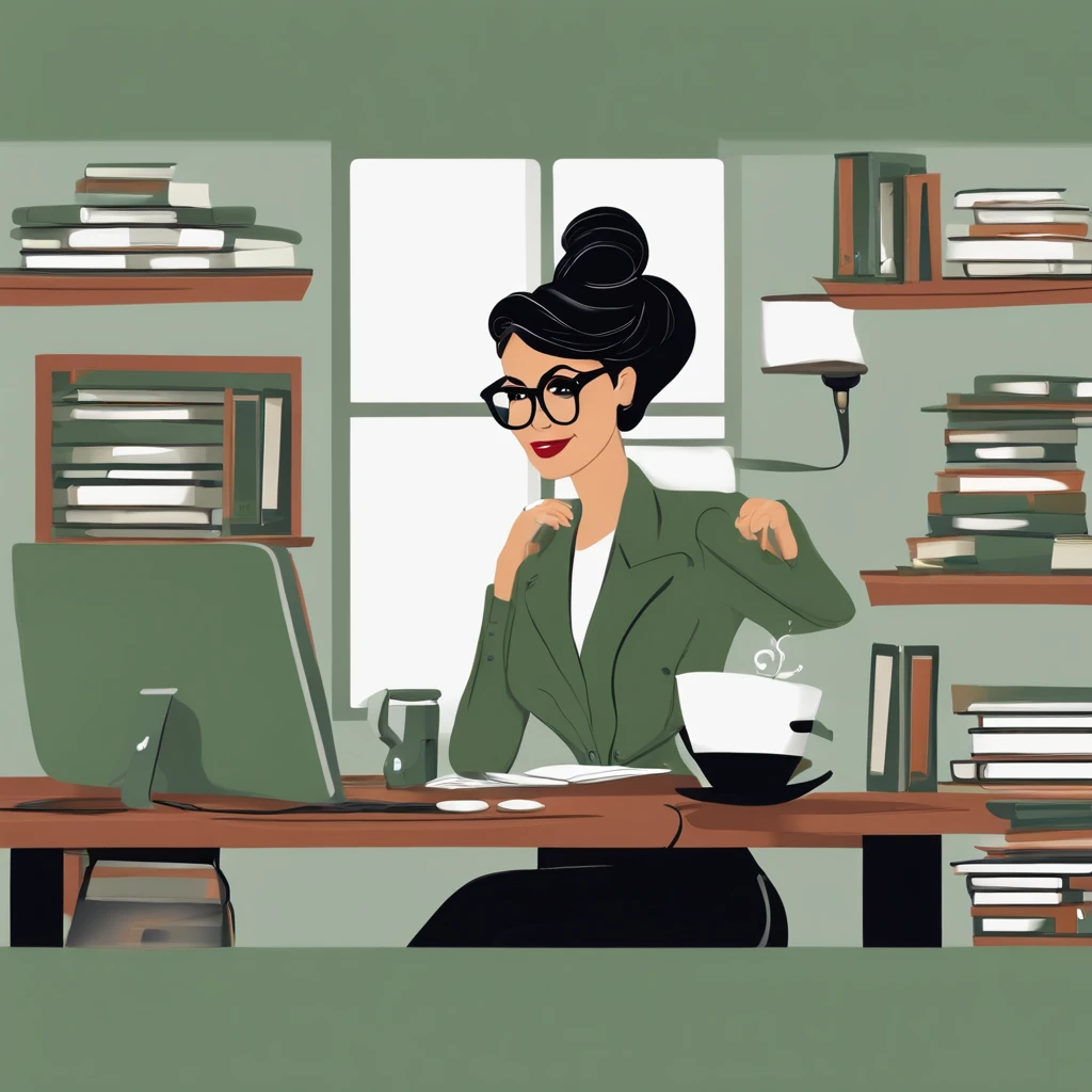 Gere uma imagem estilo Disney pixar, mulher, cabelo preto medio cacheados, boca carnuda com um batom vermelho, pouco fofinha, Black Square Glasses, brincos dourados, Pele branca, Sitting at desk in front of computer with a mug of coffee in hand, blusa verde e um blazer cinza. Background of the image is a navy blue wall with a bookshelf full of books and a window, um quadro com sua foto na parede, ela parece estar muito feliz trabalhando. Her name is Maila