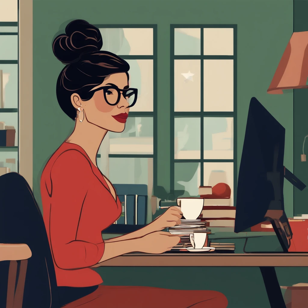 Gere uma imagem estilo Disney pixar, mulher, cabelo preto medio cacheados, boca carnuda com um batom vermelho, pouco fofinha, Black Square Glasses, brincos dourados, Pele branca, Sitting at desk in front of computer with a mug of coffee in hand, blusa verde e um blazer cinza. Background of the image is a navy blue wall with a bookshelf full of books and a window, um quadro com sua foto na parede, ela parece estar muito feliz trabalhando. Her name is Maila